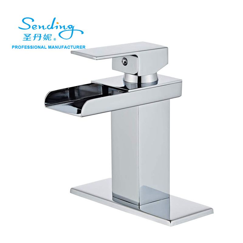 Stainless steel Square Single Handle Ceramic Waterfall Washing Basin Sink Faucet with plate