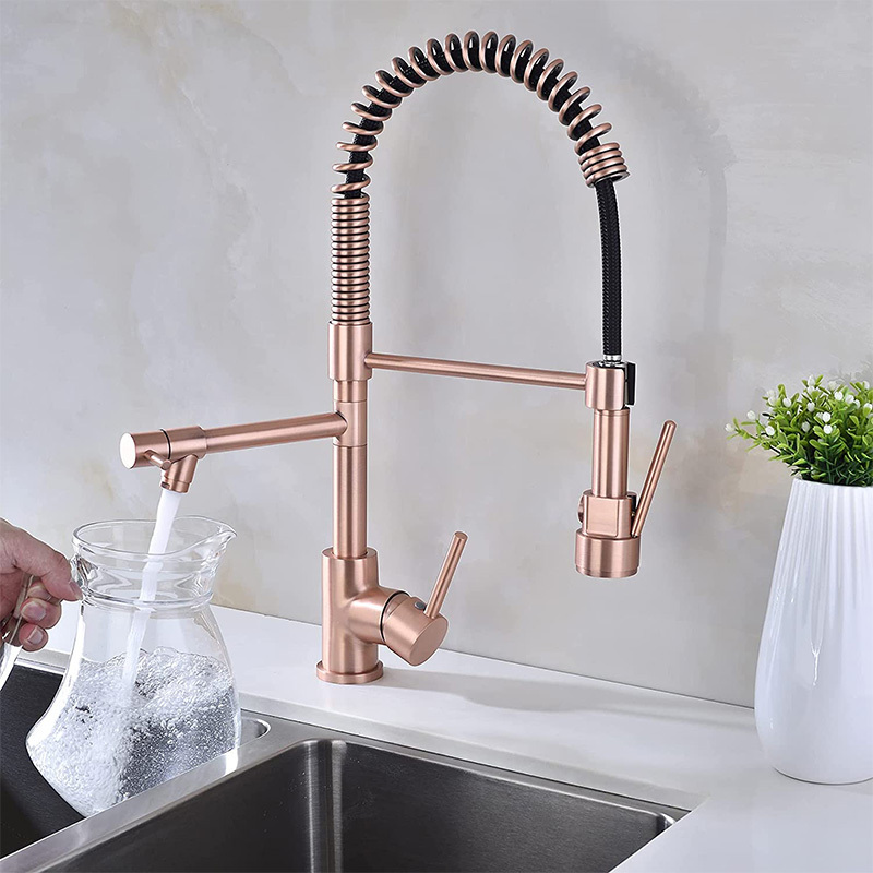 Spring Kitchen faucets Dual Swivel Spout Crane Hot Cold water mixer Taps water purifier Kitchen Faucet Rose Gold Pull Down