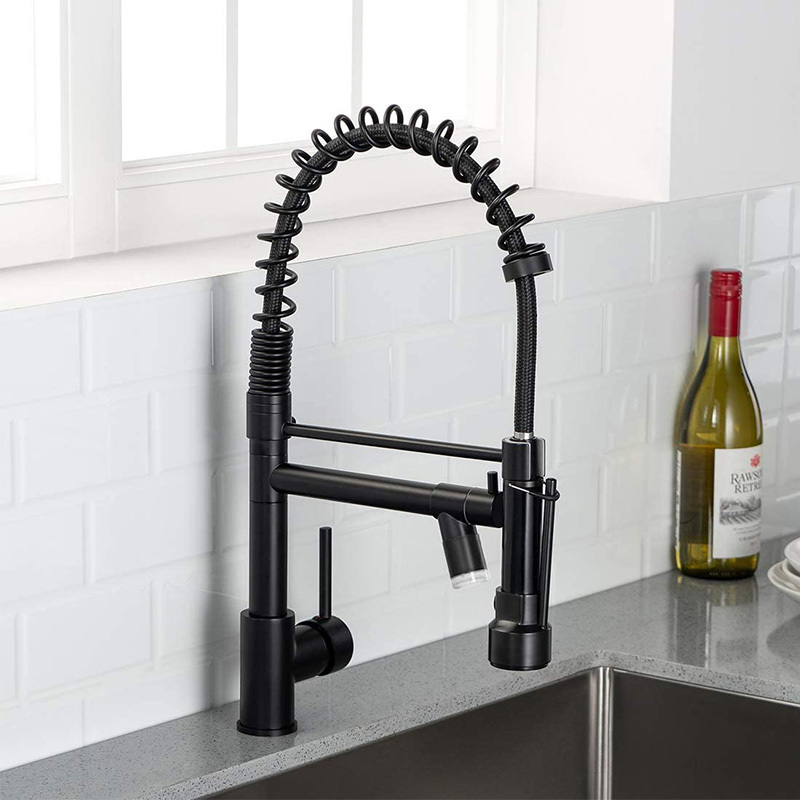 Black Kitchen Faucet with Pull Down Sprayer,Single Handle Commercial 2 Spout Kitchen Sink Faucet with LED Light