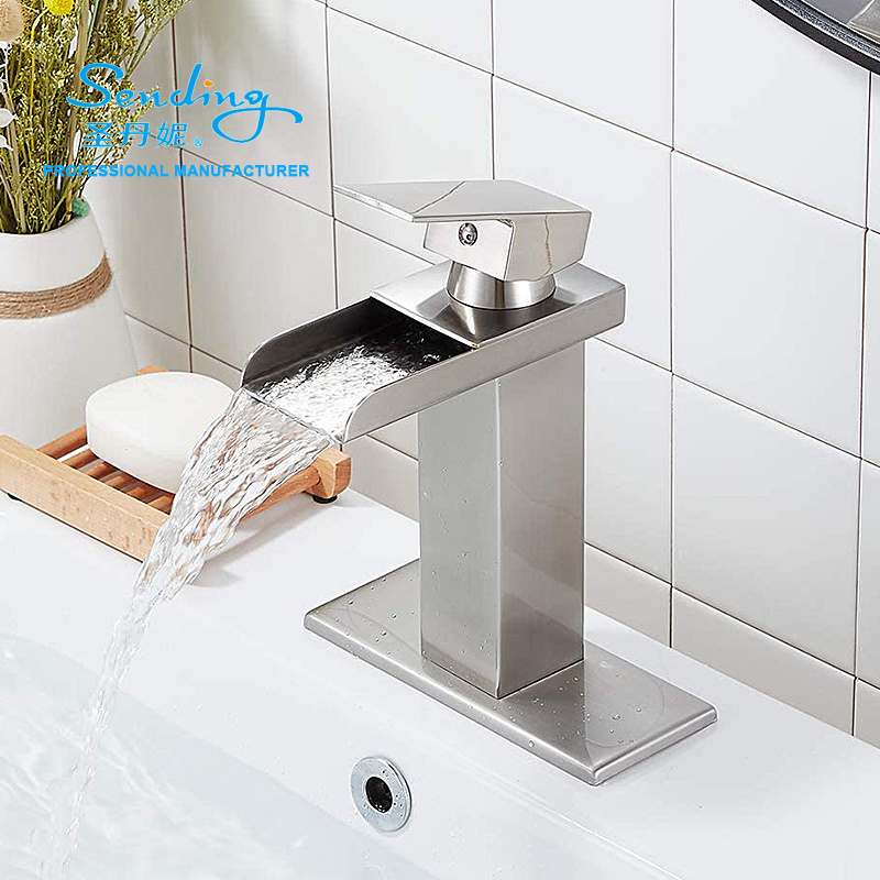 Stainless steel Square Single Handle Ceramic Waterfall Washing Basin Sink Faucet with plate