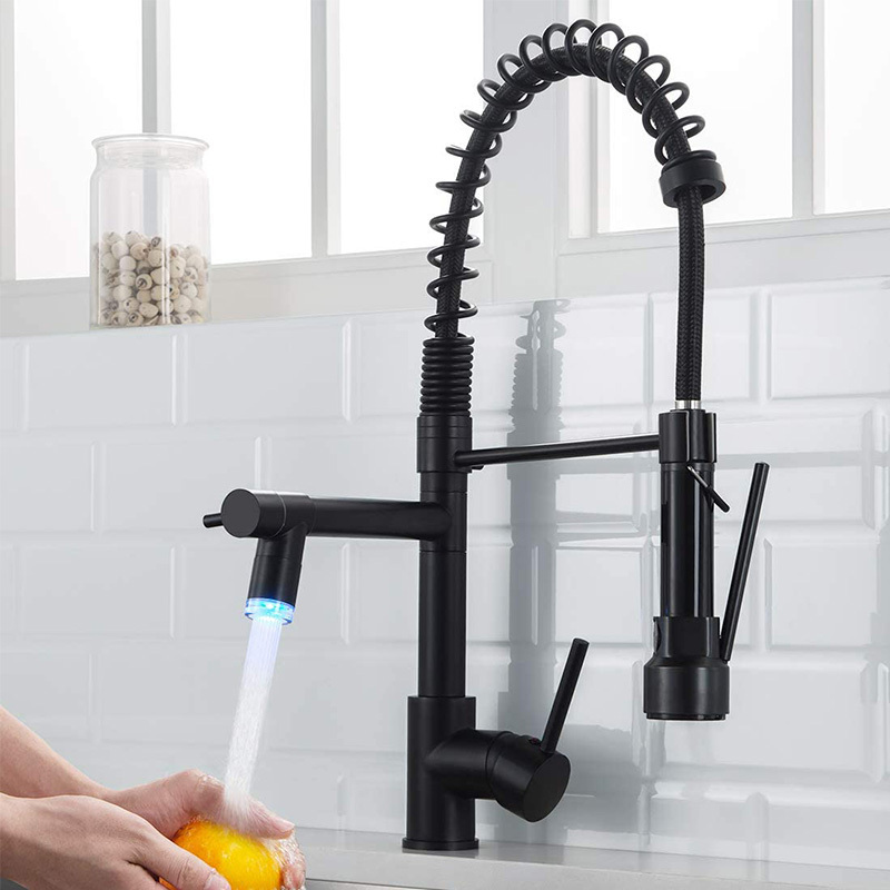 Black Kitchen Faucet with Pull Down Sprayer,Single Handle Commercial 2 Spout Kitchen Sink Faucet with LED Light