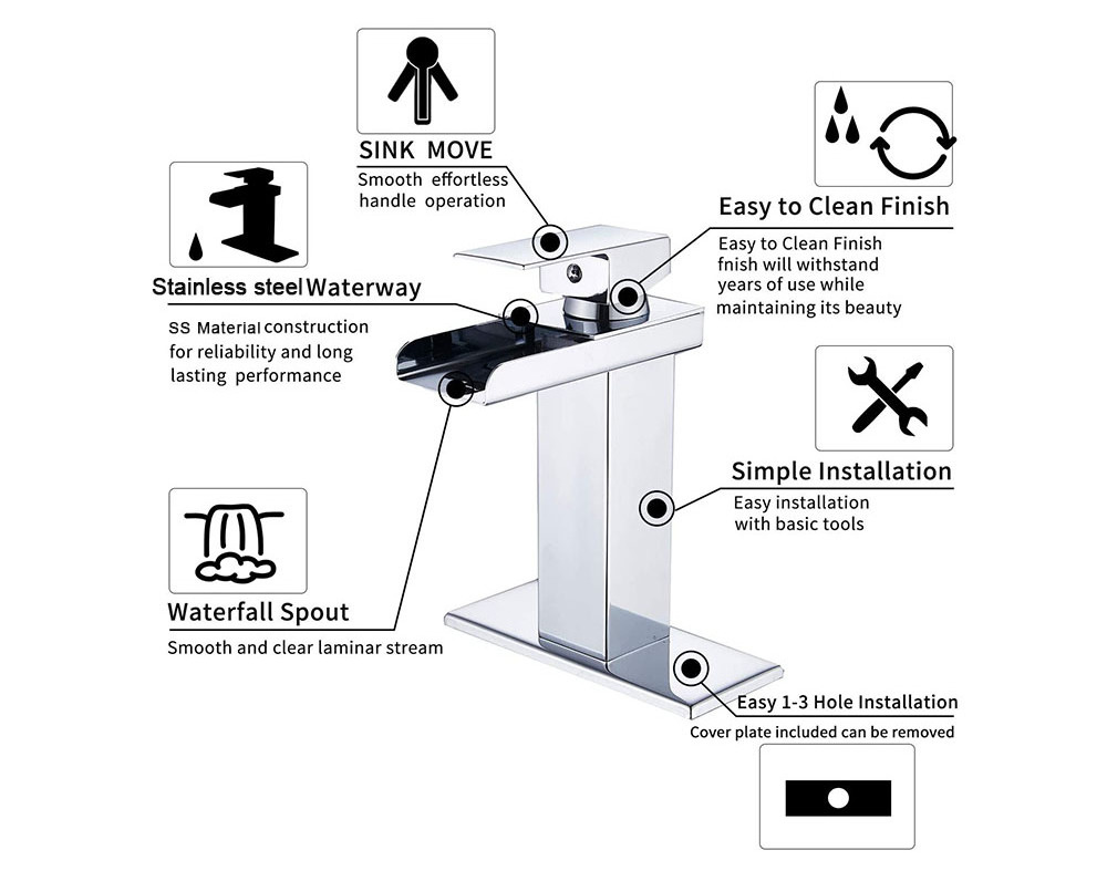 Stainless steel Square Single Handle Ceramic Waterfall Washing Basin Sink Faucet with plate