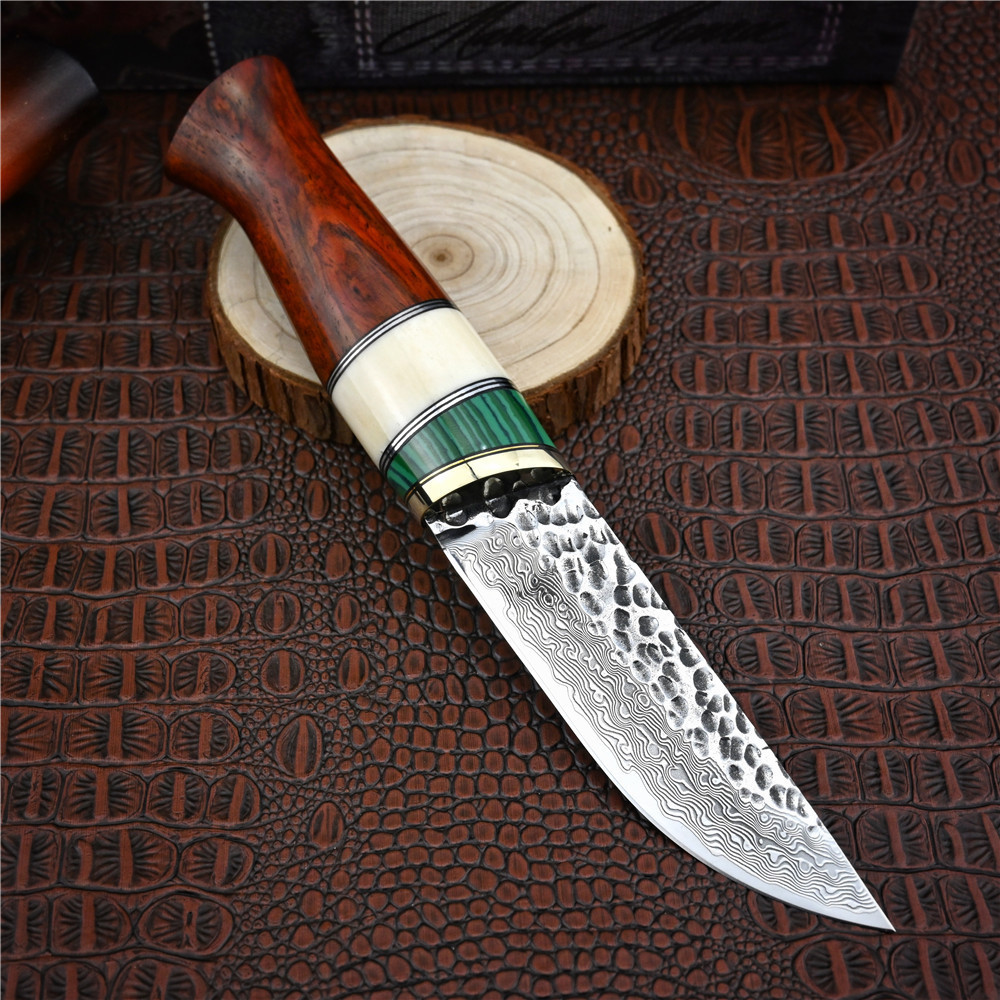 Damascus steel hunting knife survival camping outdoor utility tactical fixed blade knife edc tools ox bone handle