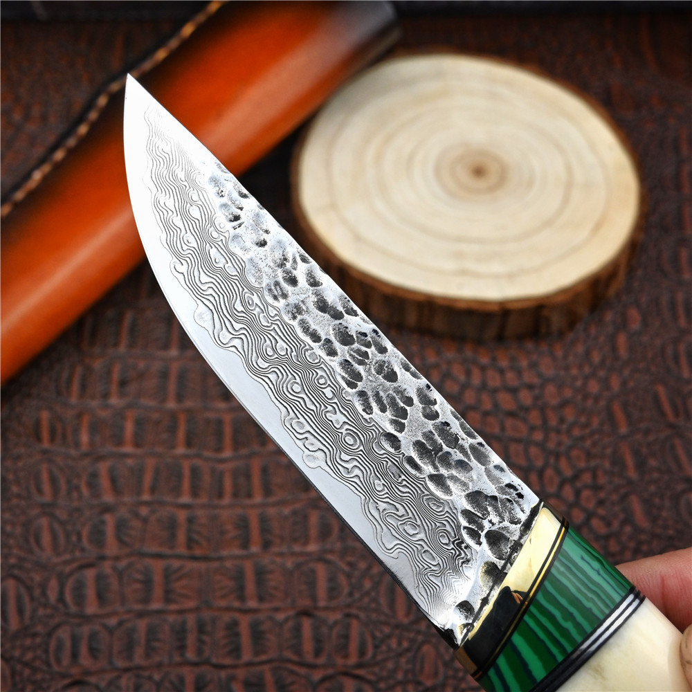 Damascus steel hunting knife survival camping outdoor utility tactical fixed blade knife edc tools ox bone handle