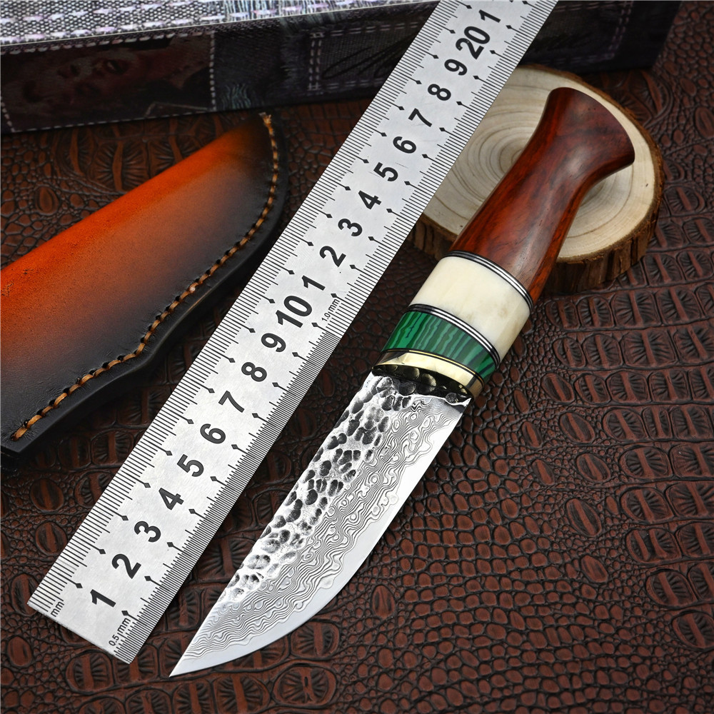 Damascus steel hunting knife survival camping outdoor utility tactical fixed blade knife edc tools ox bone handle