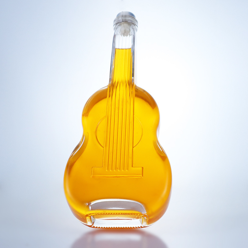 Unique Design Violin Shaped Transparent Spirits Glass Bottle 750ml Empty Glass Bottle With Cork Stopper