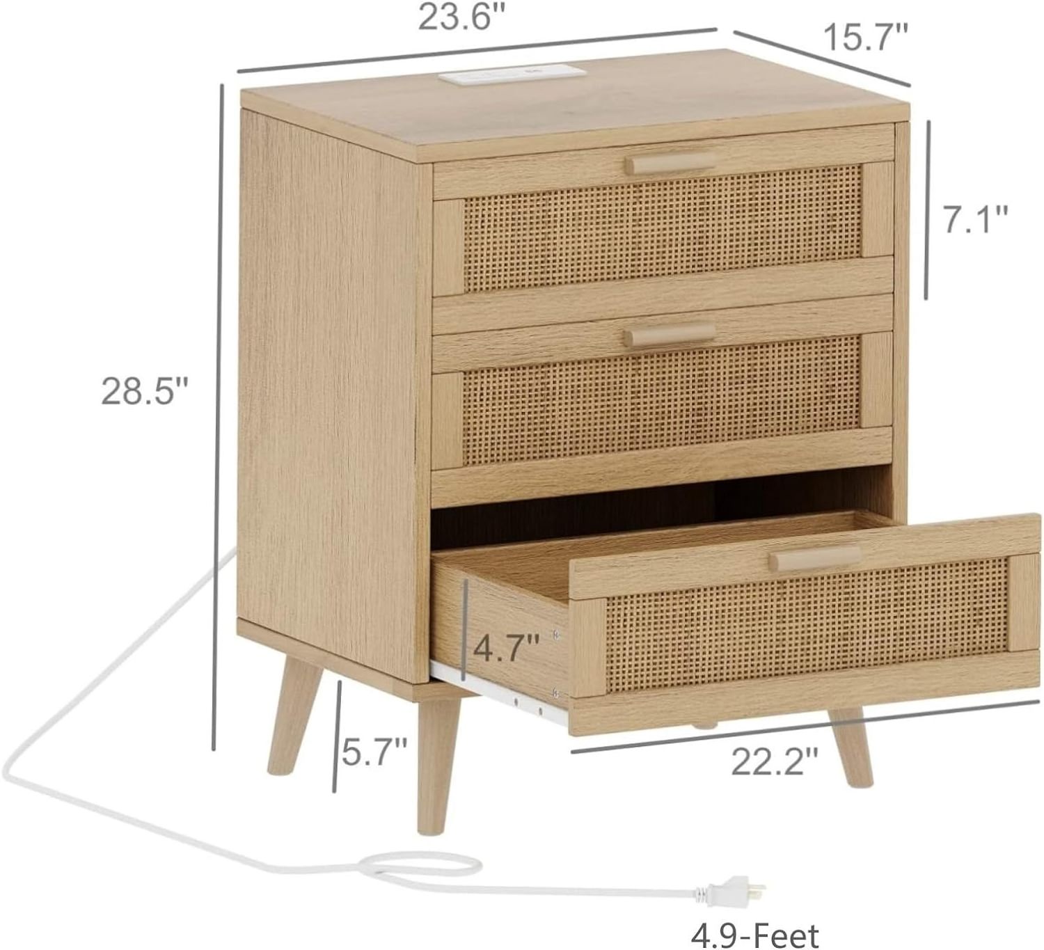 Rattan nightstand with charging station, nightstand with rattan decorated drawers, farmhouse end table, bedside table