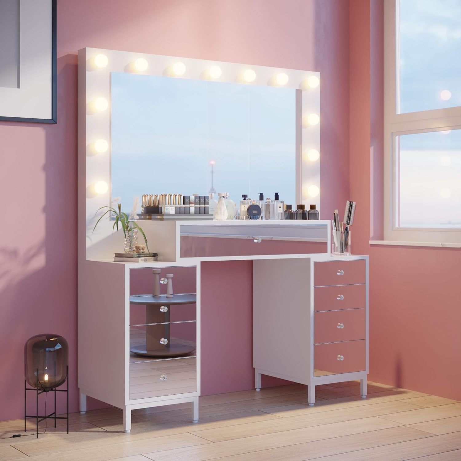 Luxury Dresser collection: Mirror, 9-drawer makeup center, crystal handles and white bedroom dresser with nightstand