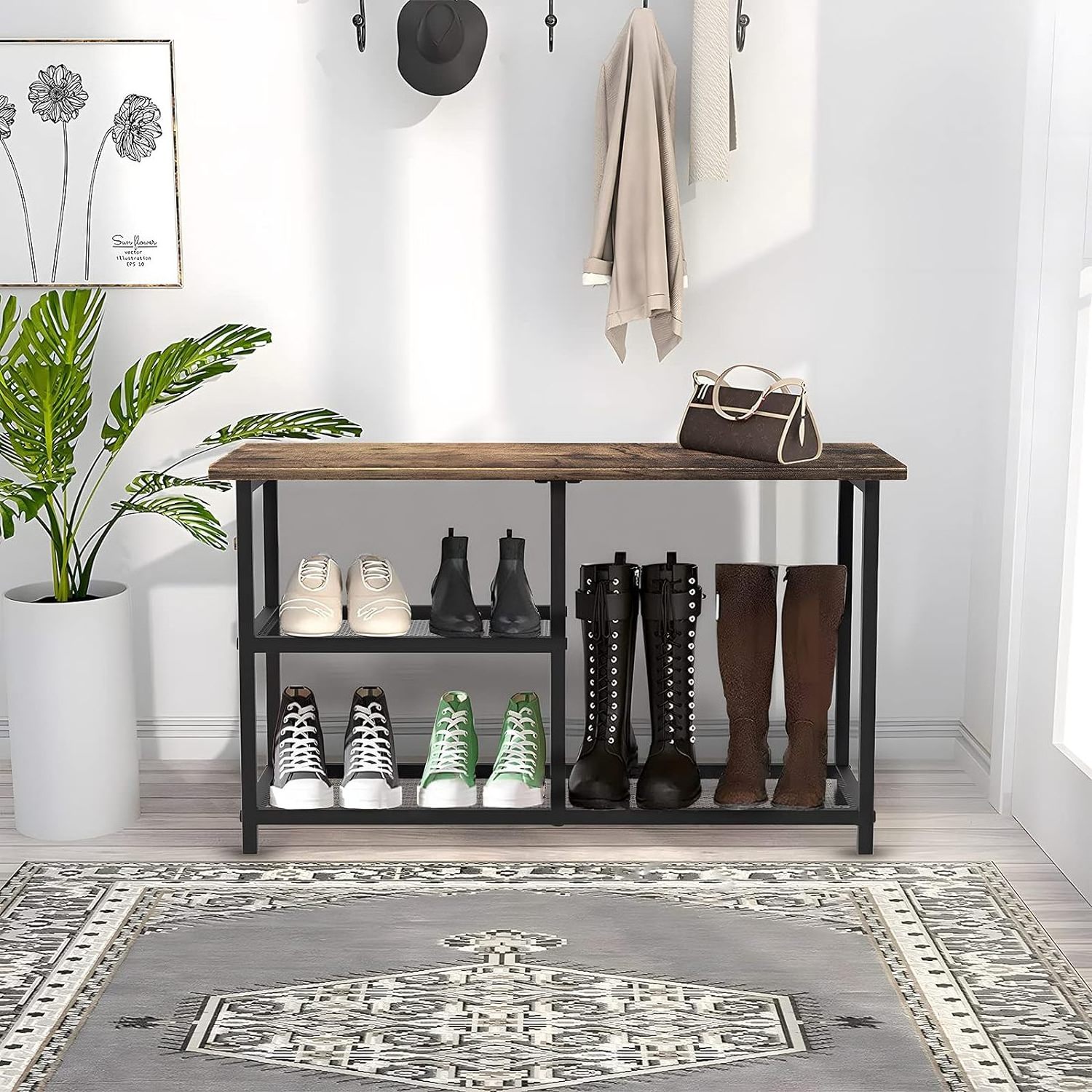 Shoe rack bench for entrance level 3 with boot storage rack, country style shoe rack for small space and wooden stool