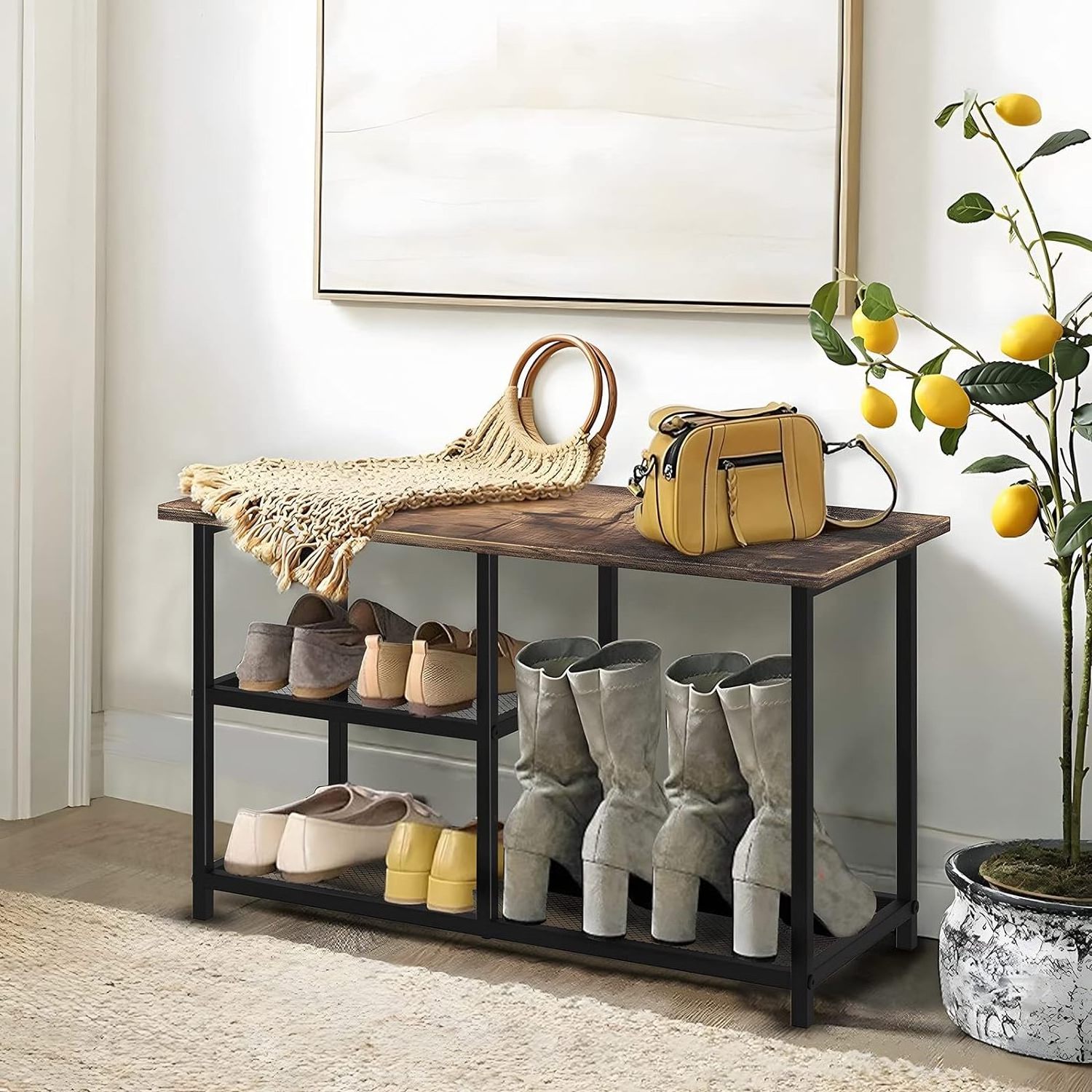 Shoe rack bench for entrance level 3 with boot storage rack, country style shoe rack for small space and wooden stool