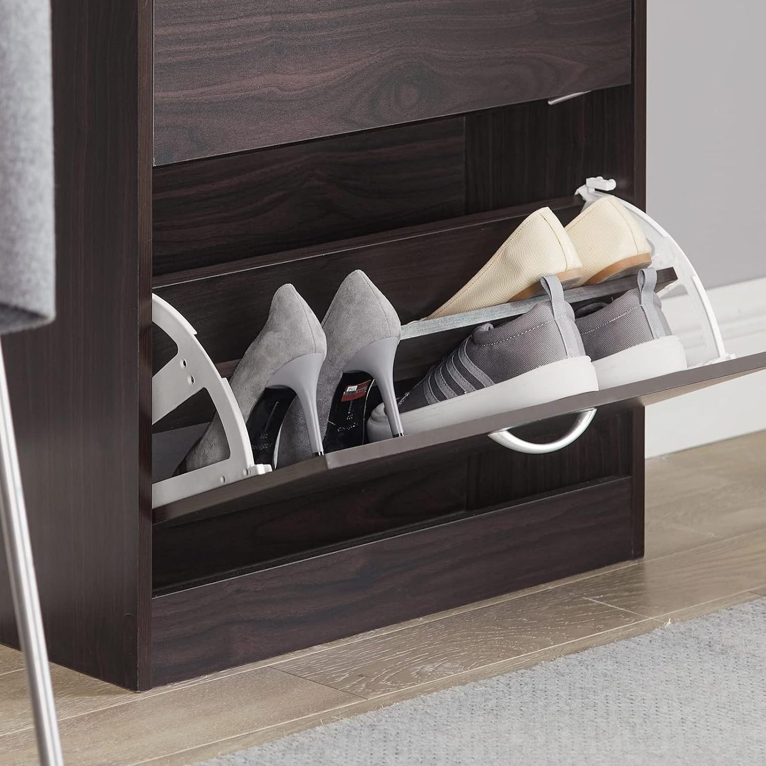 Brown shoe cabinet with 2 clamshell drawers, freestanding shoe rack, shoe organizer