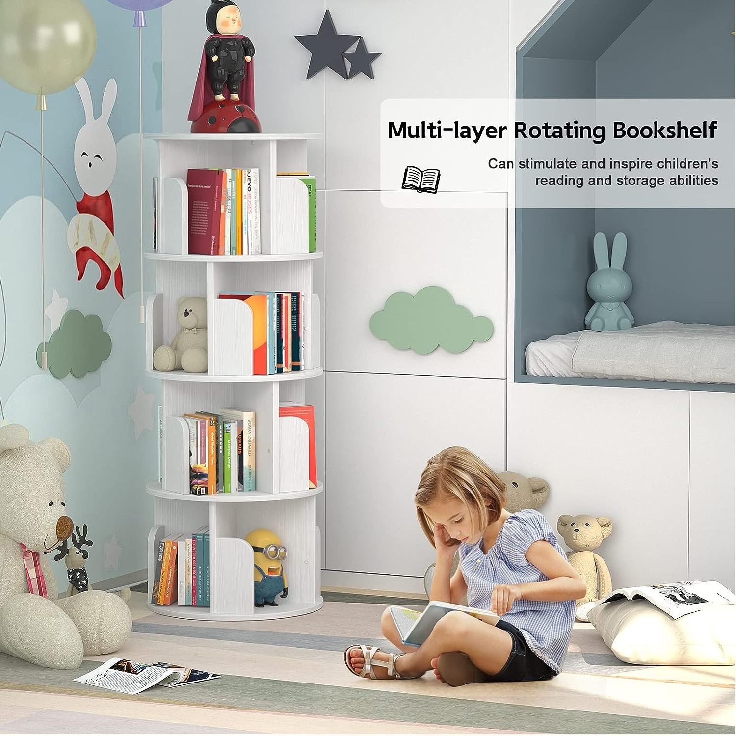 Rotatable 360 Rotating Bookshelf Kids Plastic Round Bookshelves Children Rotating Bookshelf