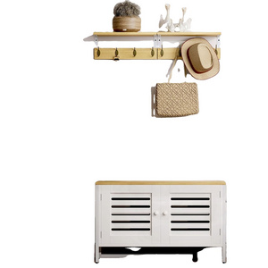 Coat hanger shoe stool set, hall tree with shoe storage bench 8 wall hooks 2 wall shelves for entrance hallway bedroom