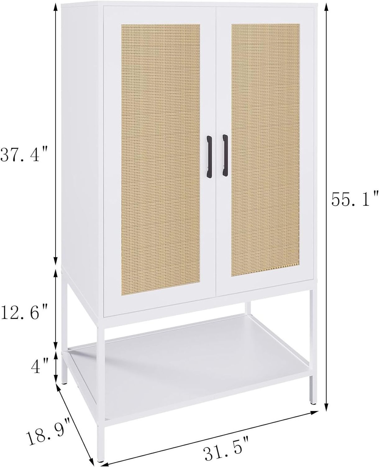 Closet cupboard, rattan bedroom closet with 2 doors, with shelves and hanging rods, white