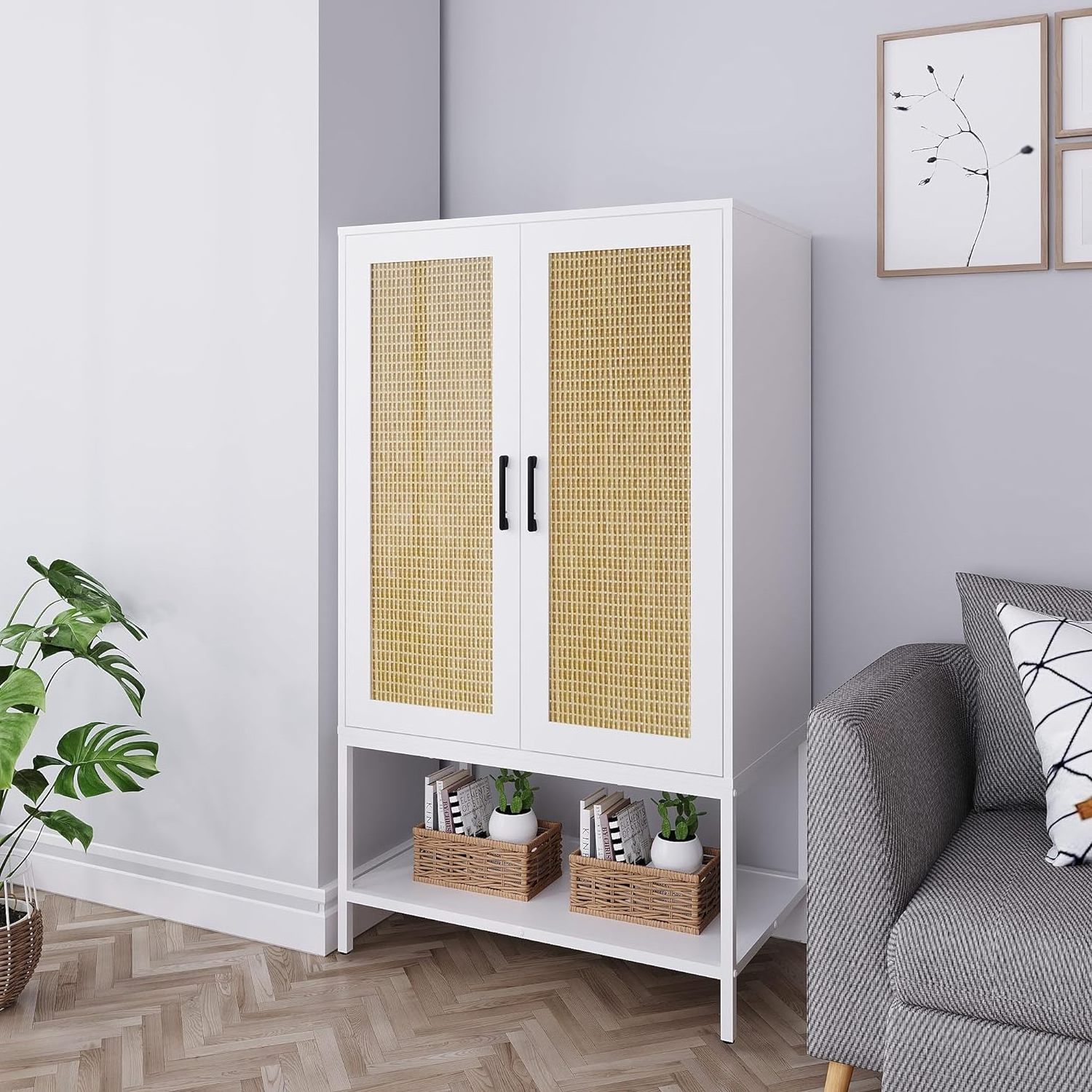 Closet cupboard, rattan bedroom closet with 2 doors, with shelves and hanging rods, white