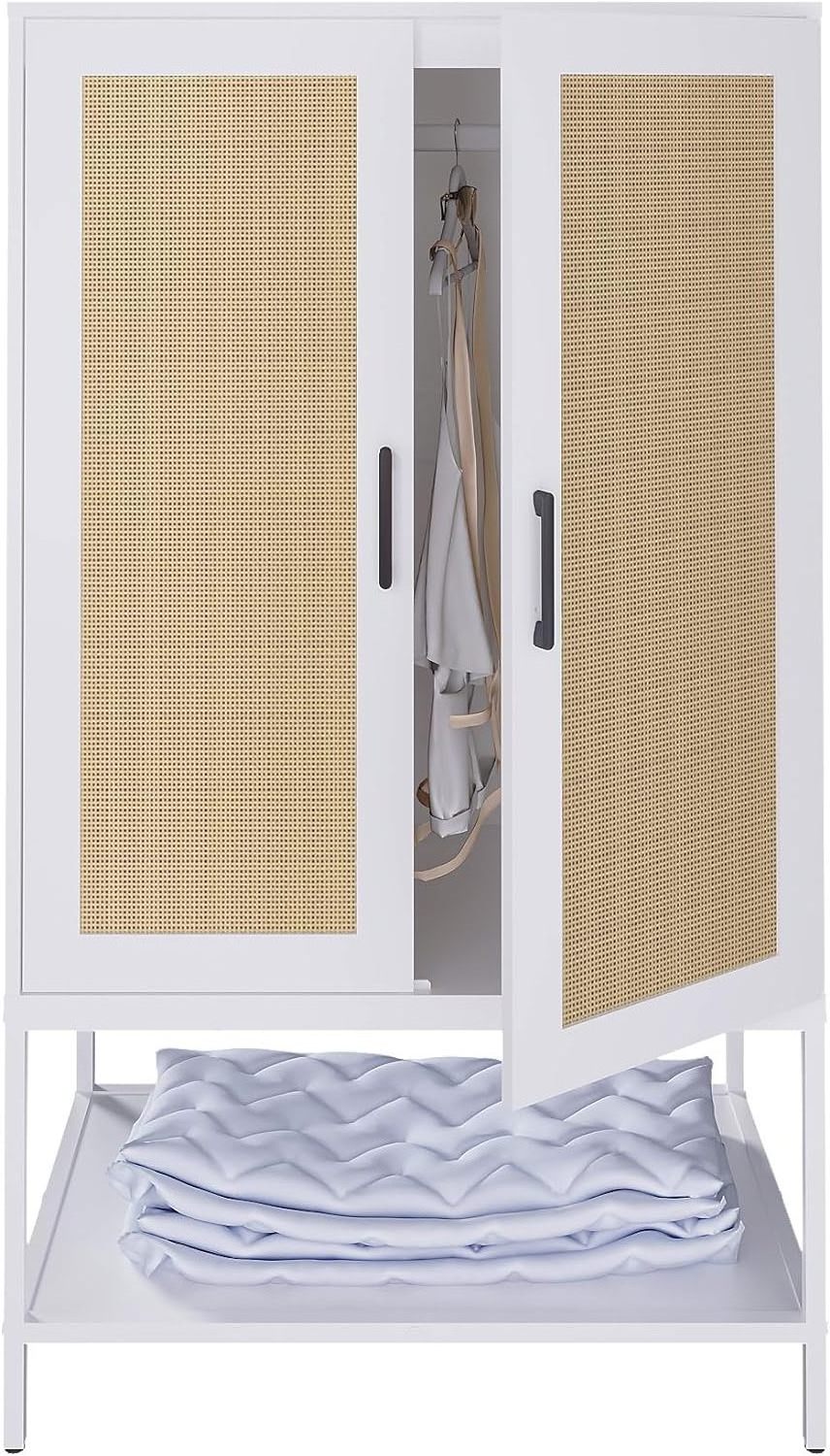 Closet cupboard, rattan bedroom closet with 2 doors, with shelves and hanging rods, white