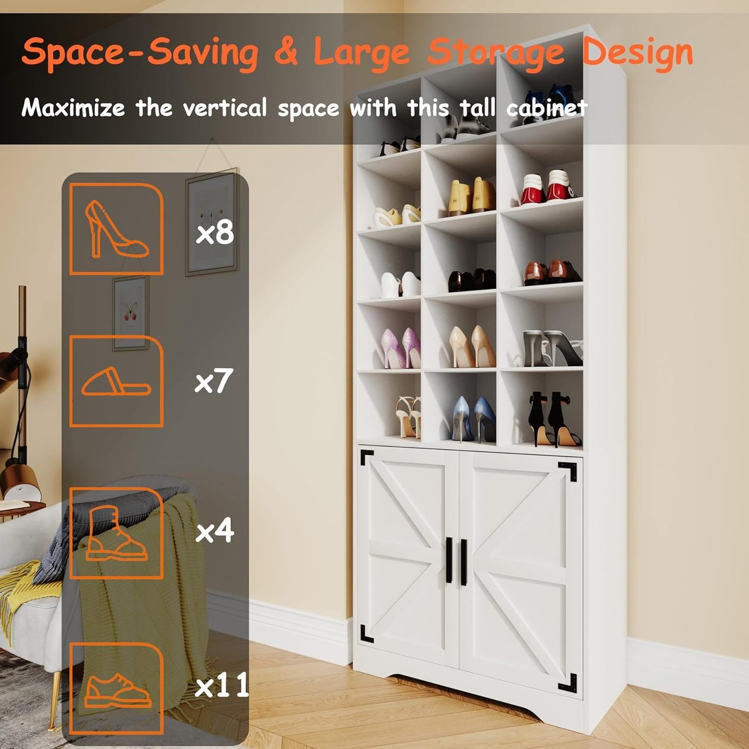 Shoe Cabinet,10-Tier Modern Shoe Storage Cabinet with Adjustable Shelves for Entryway Hallway Closet Bedroom, Barn Door Design