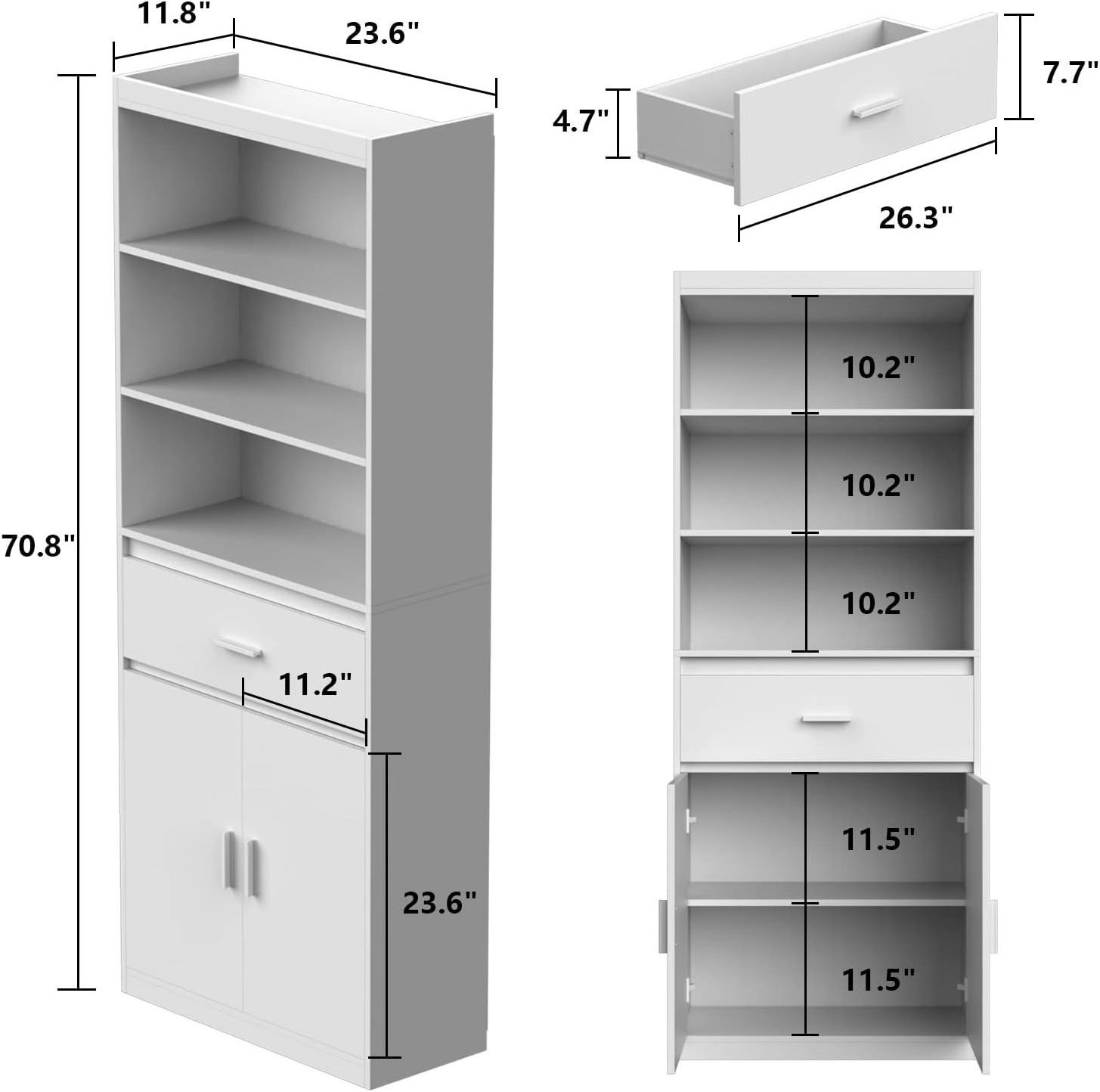 Tall bookcase locker with drawers and 3 layers of shelving, wooden bookcase display case with 2 doors, filing cabinet