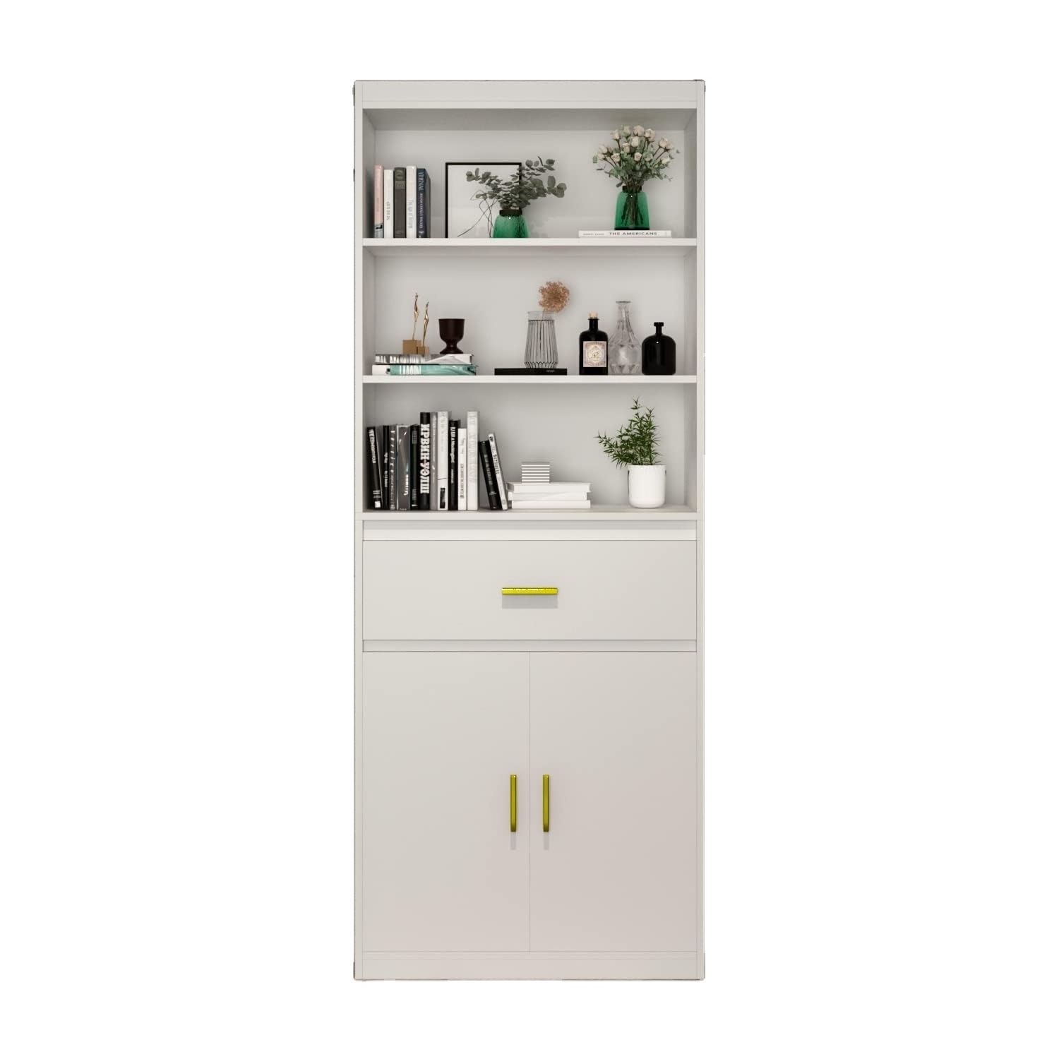 Tall bookcase locker with drawers and 3 layers of shelving, wooden bookcase display case with 2 doors, filing cabinet