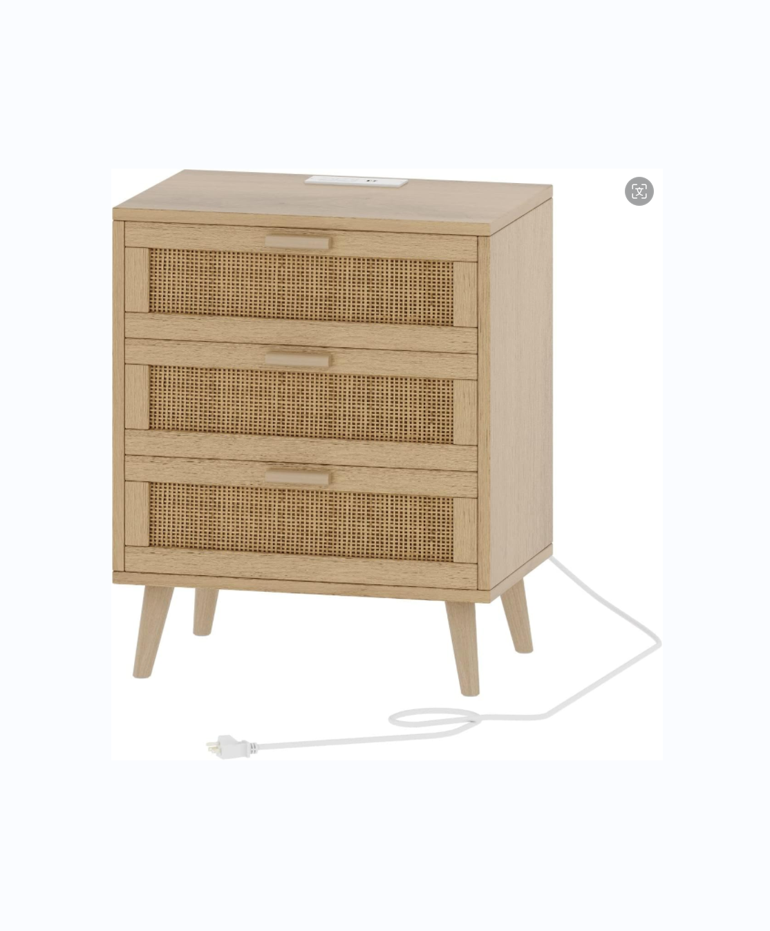 Rattan nightstand with charging station, nightstand with rattan decorated drawers, farmhouse end table, bedside table