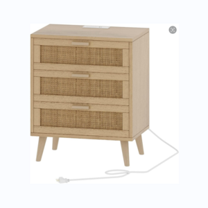 Rattan nightstand with charging station, nightstand with rattan decorated drawers, farmhouse end table, bedside table