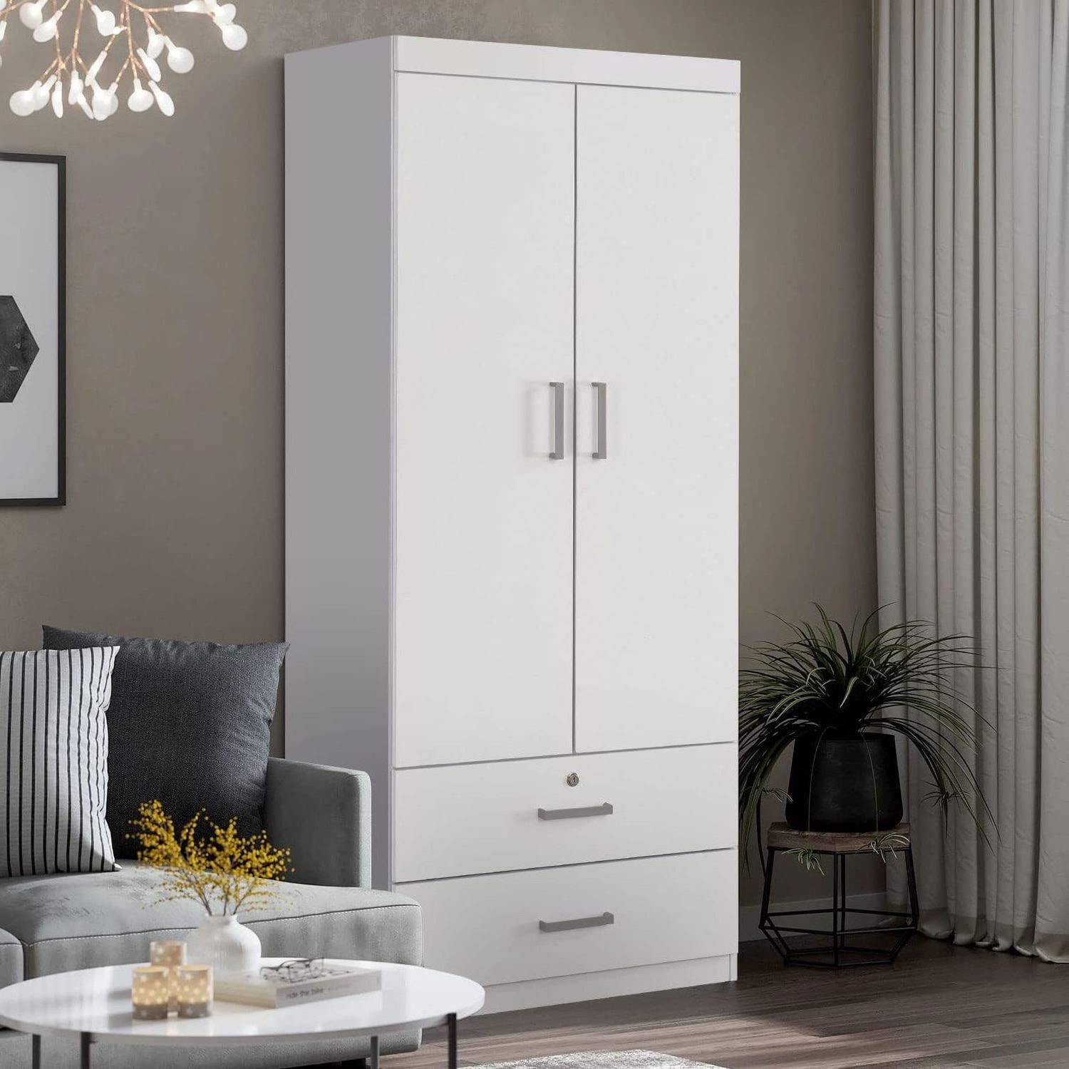 Furniture Closet 2 door lockers, adjustable shelves/hanging rods/drawers, modern minimalist wardrobe, bedroom, white