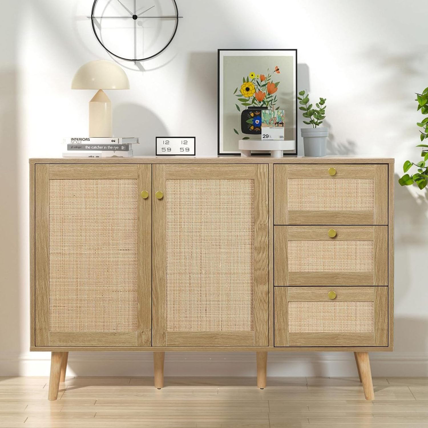 Rattan sideboard with 2 doors and 3 drawers, self-service cabinet with wooden storage cabinet