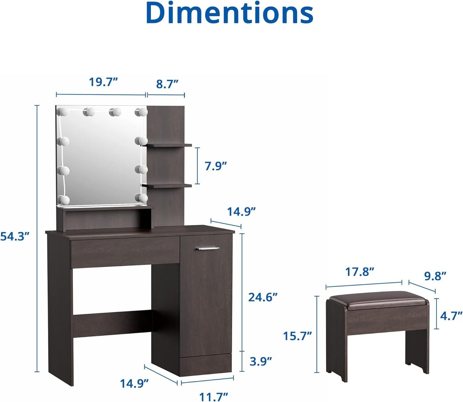 Black dresser with DIY mirror, dresser set with drawer and locker, dresser with buffer stool