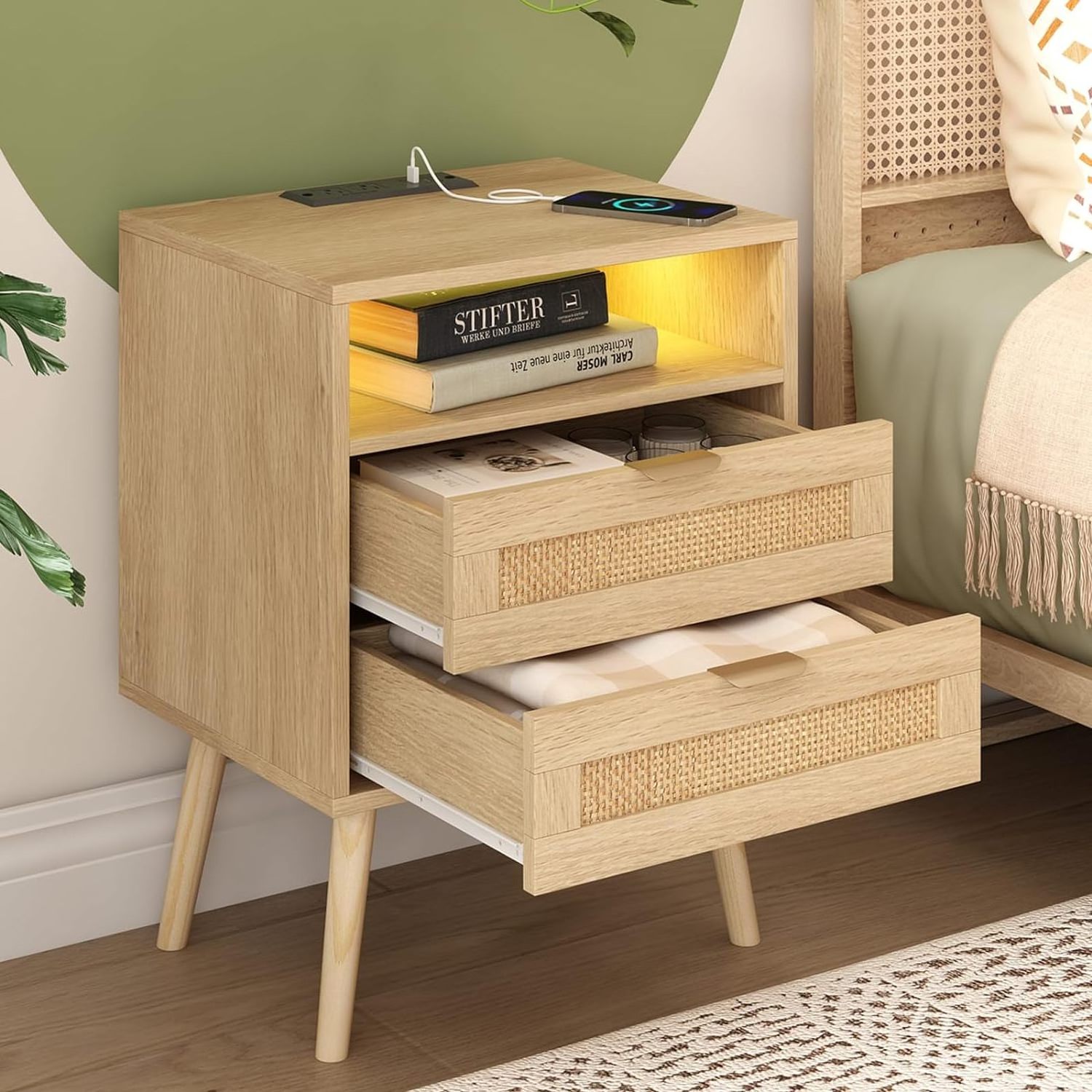 Rattan nightstand with USB port LED light and 2 storage drawers, bedroom furniture bedside table table sofa table