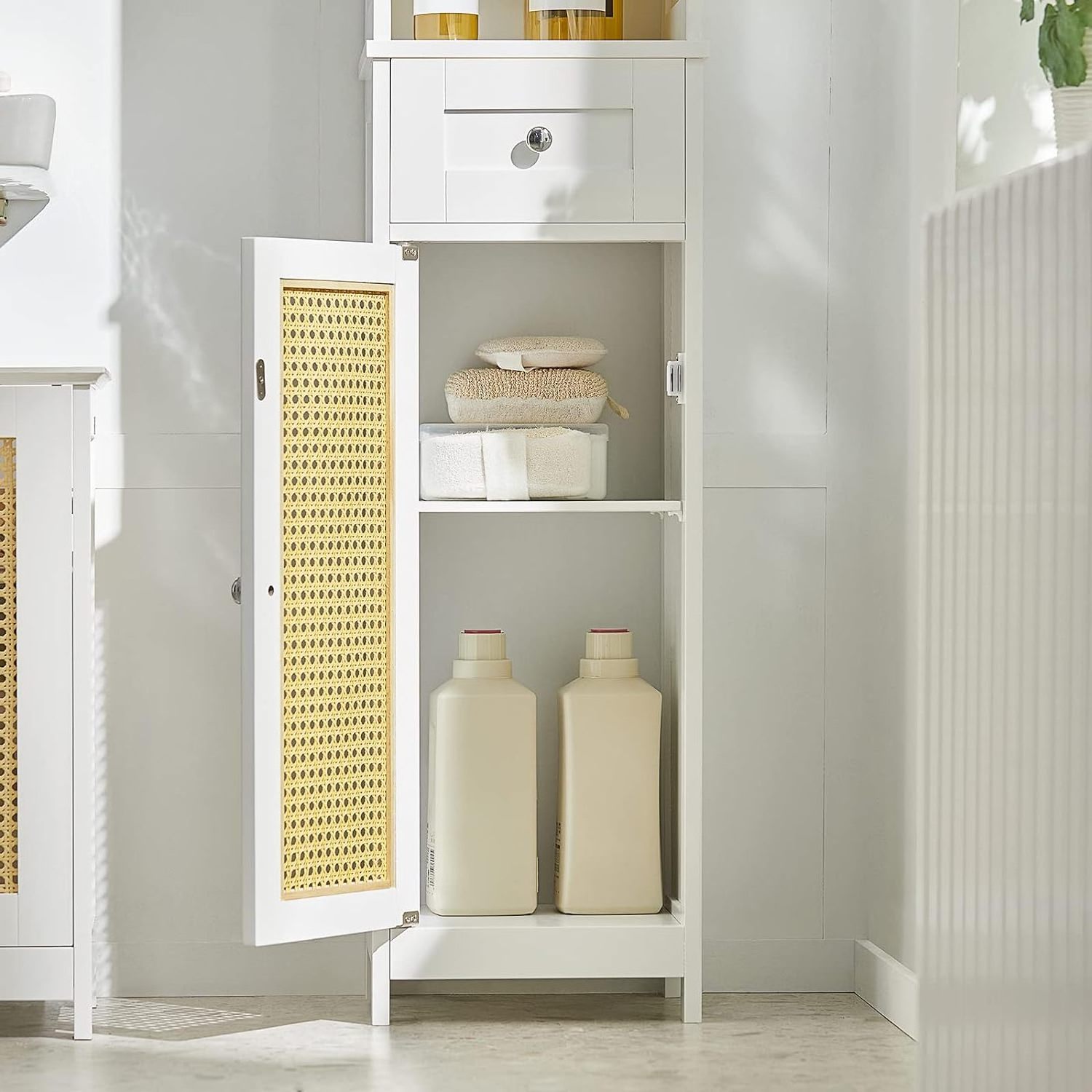 White tall bathroom cabinet with rattan door,drawers and storage compartments,linen tower bathroom cabinet,cabinets with shelves