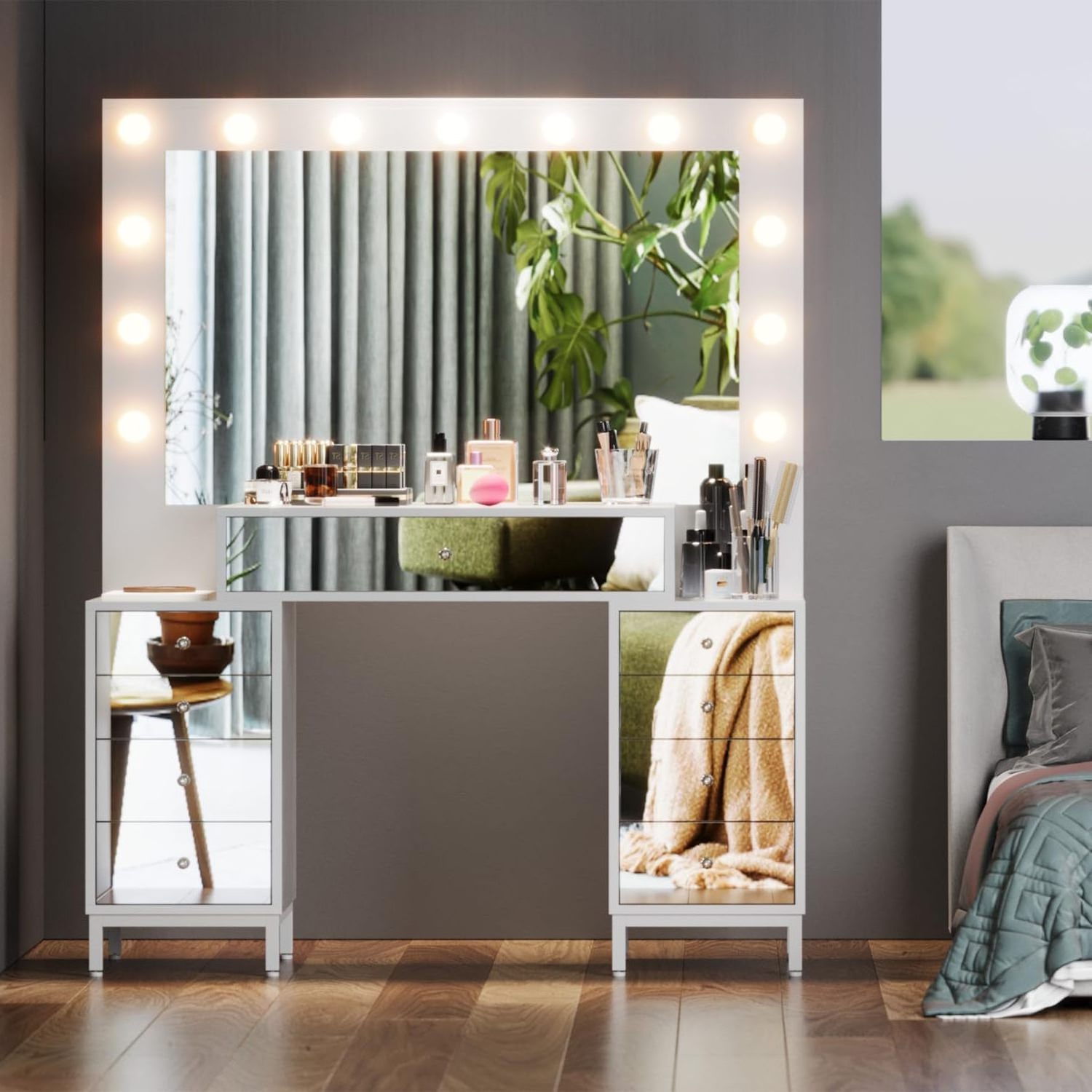 Luxury Dresser collection: Mirror, 9-drawer makeup center, crystal handles and white bedroom dresser with nightstand