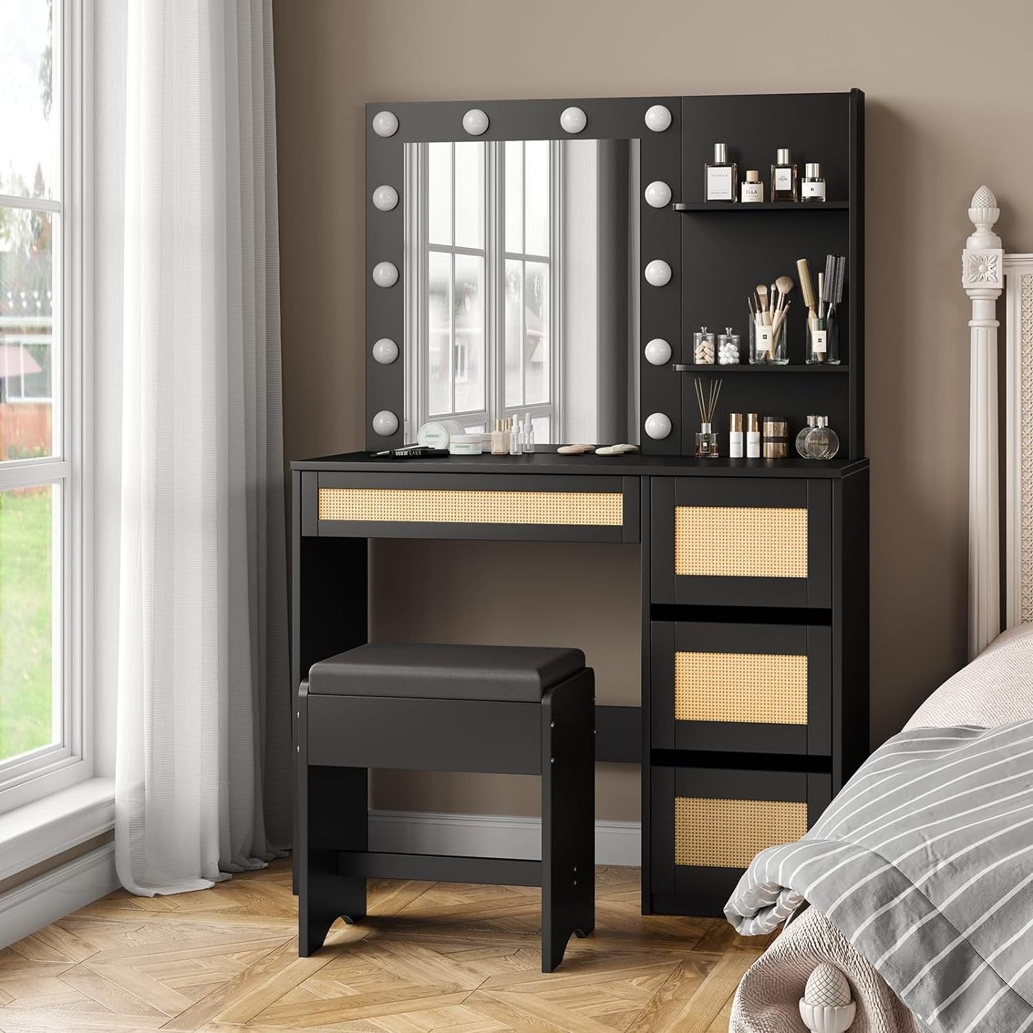 Rattan dresser with light and table set, with 4 drawers, dresser set with 3 lighting modes Brightness adjustable bedroom