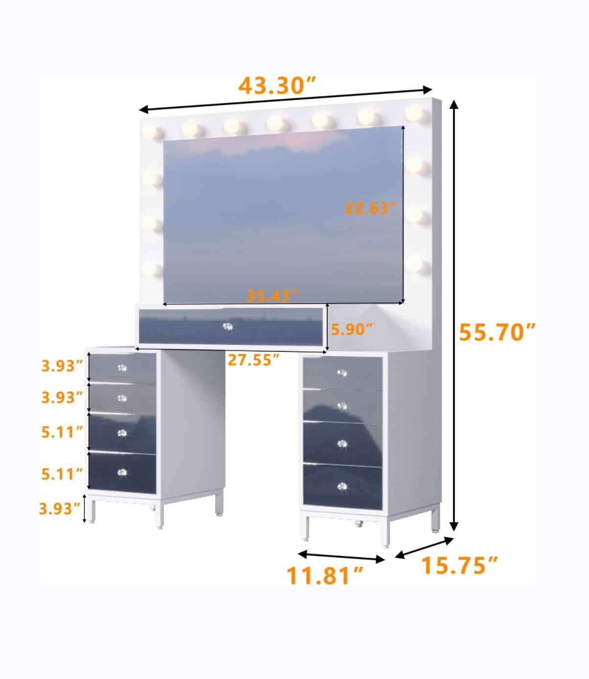 Luxury Dresser collection: Mirror, 9-drawer makeup center, crystal handles and white bedroom dresser with nightstand