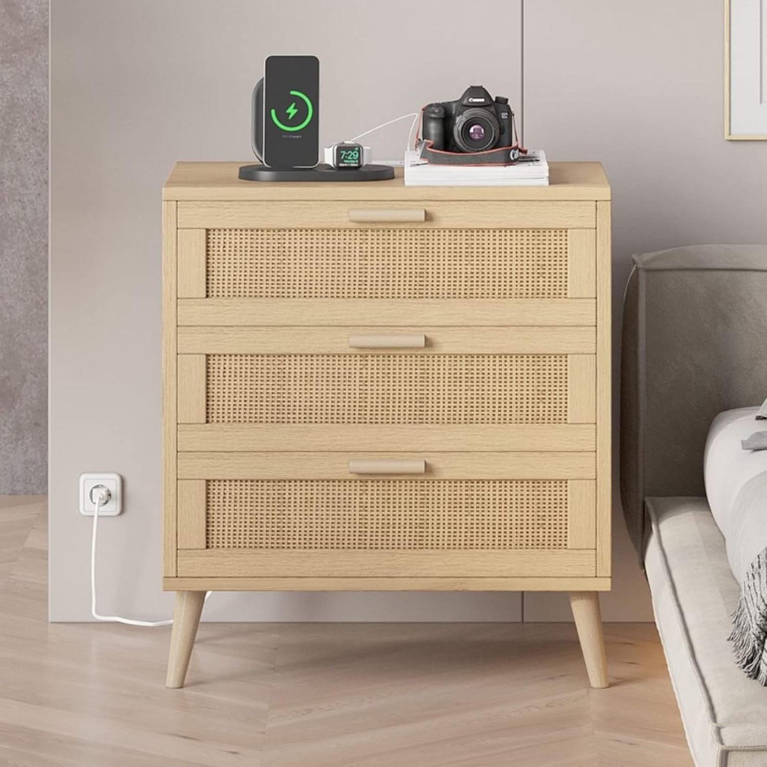 Rattan nightstand with charging station, nightstand with rattan decorated drawers, farmhouse end table, bedside table