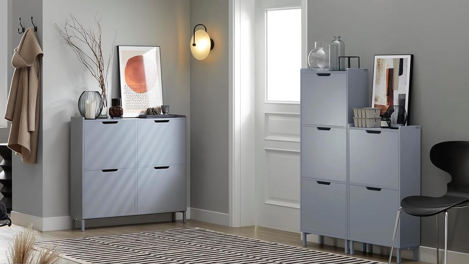 Gray shoe cabinet with 2 clamshell drawers, freestanding shoe rack, ultra-thin shoe rack