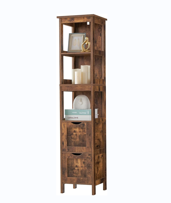 Locker with 2 drawers, wooden bathroom floor cabinet, free-standing linen tower with 3 open shelves,  country brown