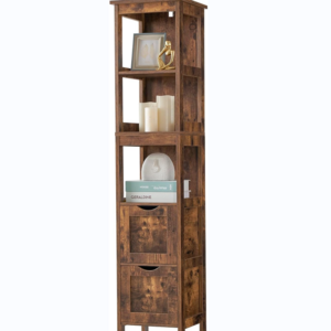 Locker with 2 drawers, wooden bathroom floor cabinet, free-standing linen tower with 3 open shelves,  country brown