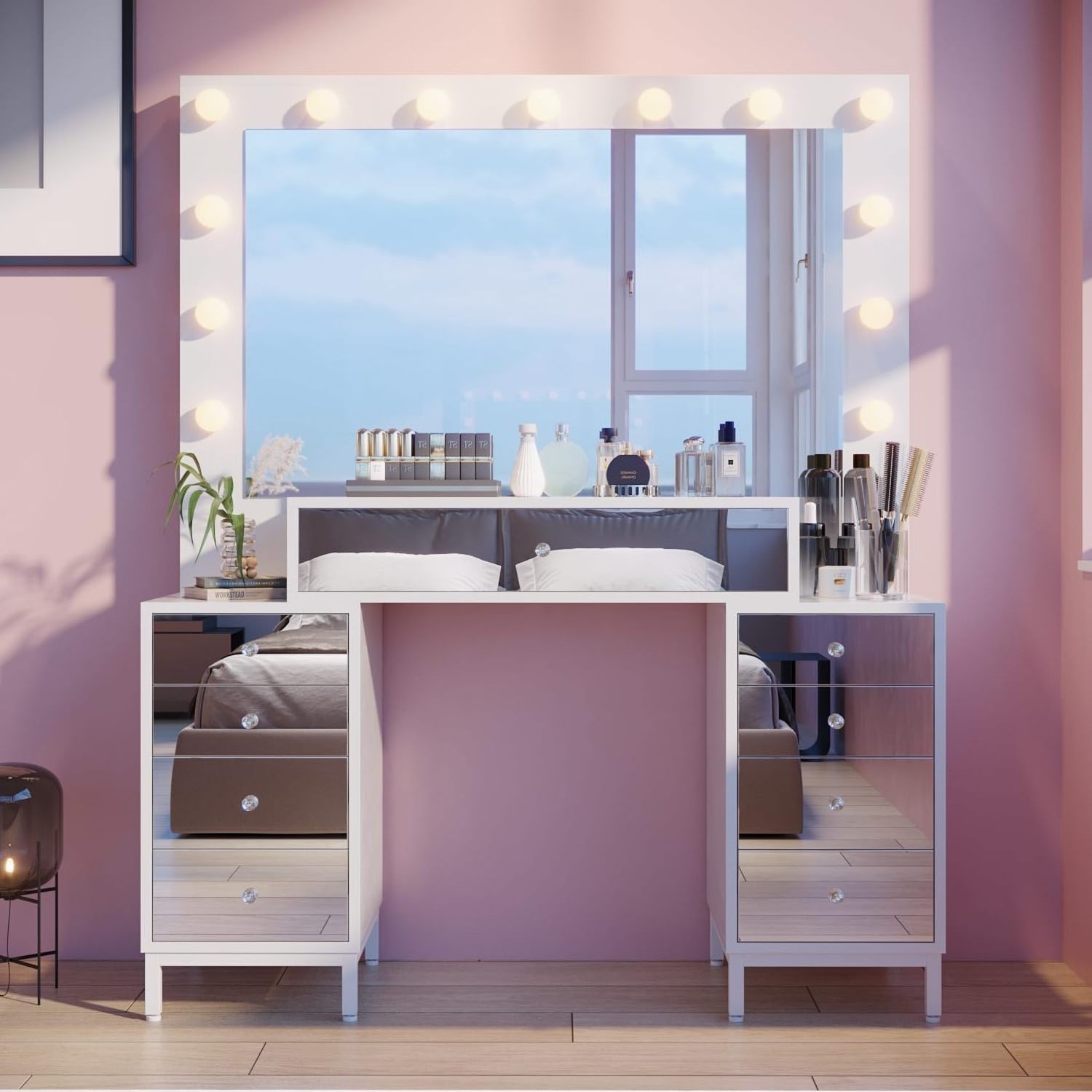 Luxury Dresser collection: Mirror, 9-drawer makeup center, crystal handles and white bedroom dresser with nightstand