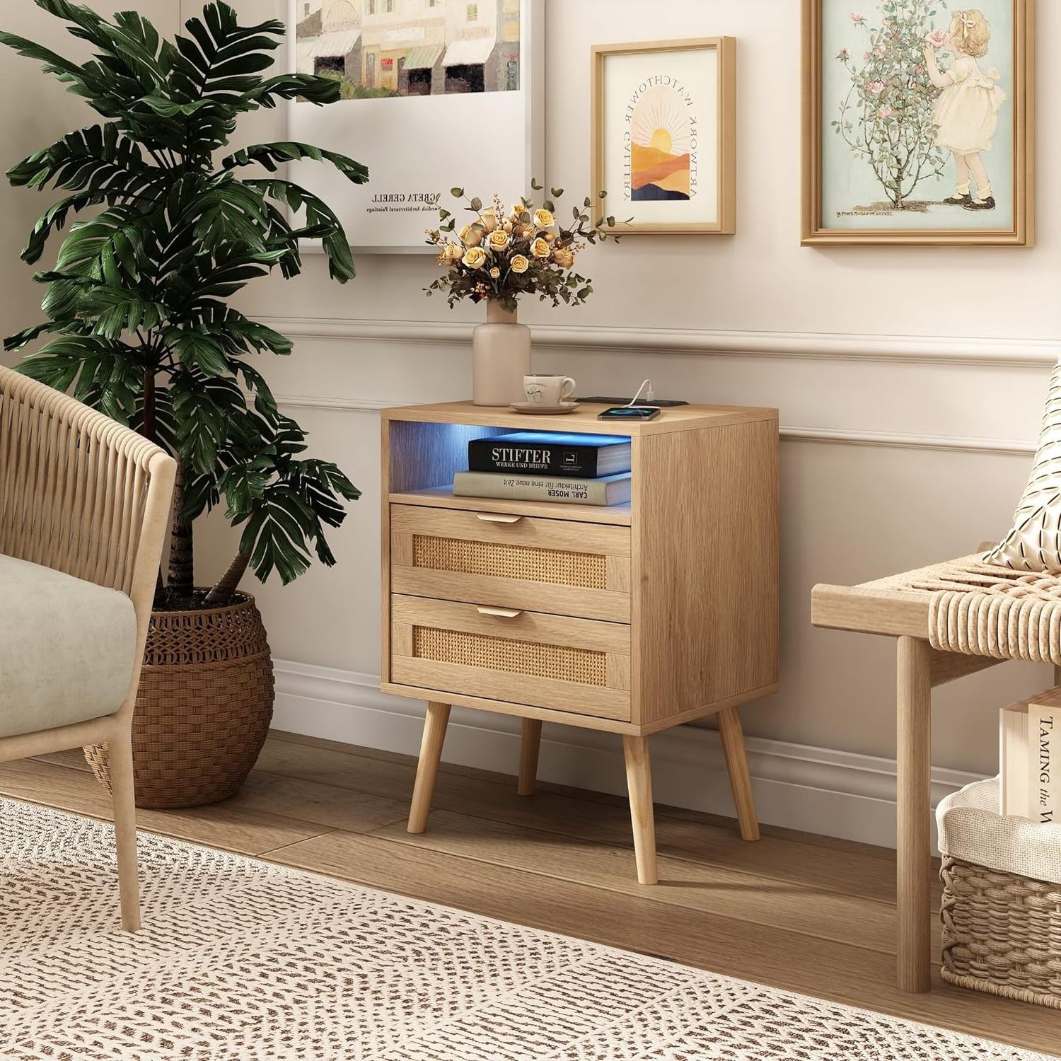 Rattan nightstand with USB port LED light and 2 storage drawers, bedroom furniture bedside table table sofa table