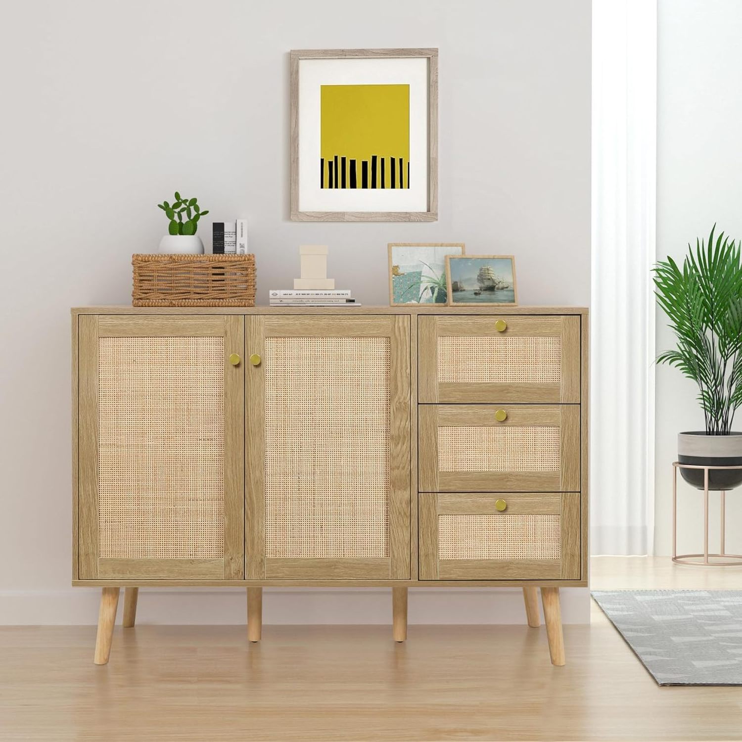 Rattan sideboard with 2 doors and 3 drawers, self-service cabinet with wooden storage cabinet