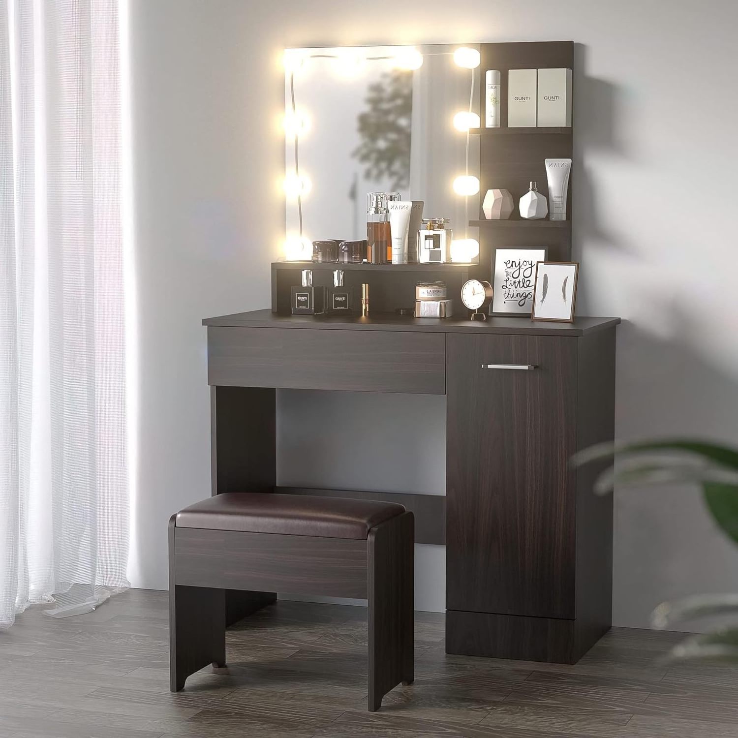 Black dresser with DIY mirror, dresser set with drawer and locker, dresser with buffer stool