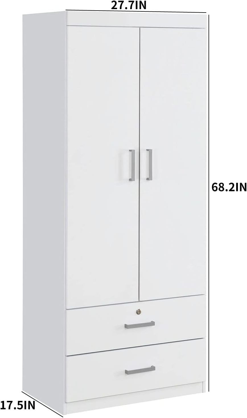 Furniture Closet 2 door lockers, adjustable shelves/hanging rods/drawers, modern minimalist wardrobe, bedroom, white