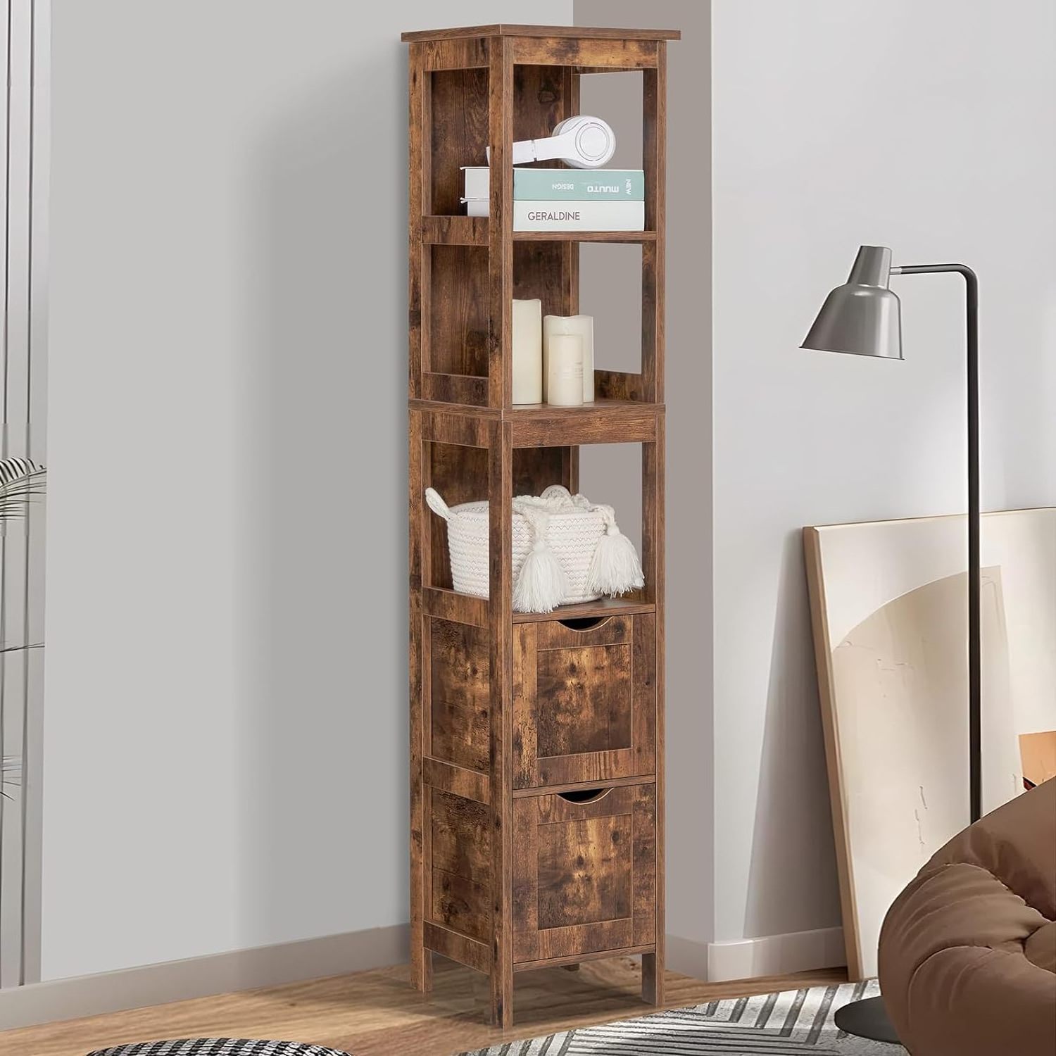 Locker with 2 drawers, wooden bathroom floor cabinet, free-standing linen tower with 3 open shelves,  country brown