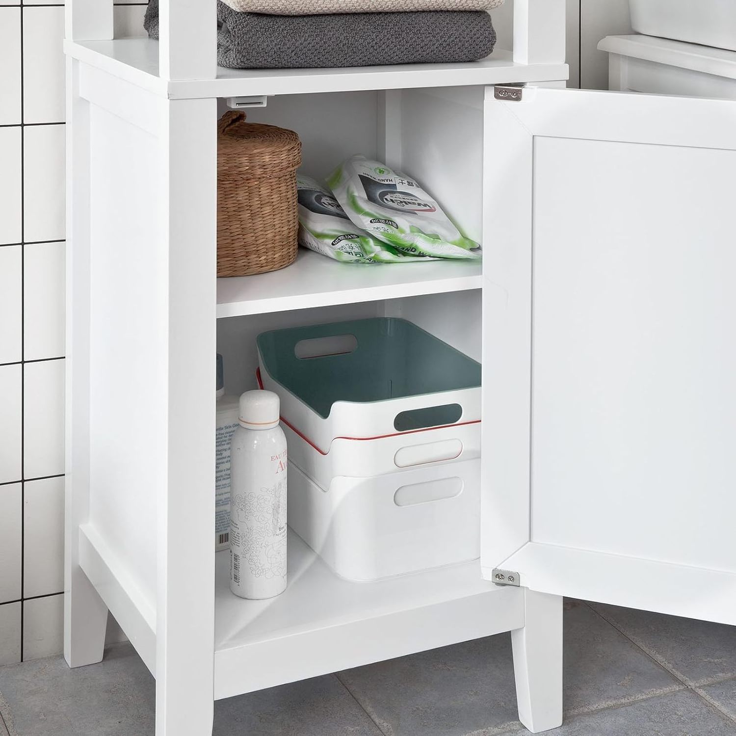 White floor to ceiling bathroom locker with 3 shelves and 1 door, linen tower bathroom cabinet with cabinets with shelves