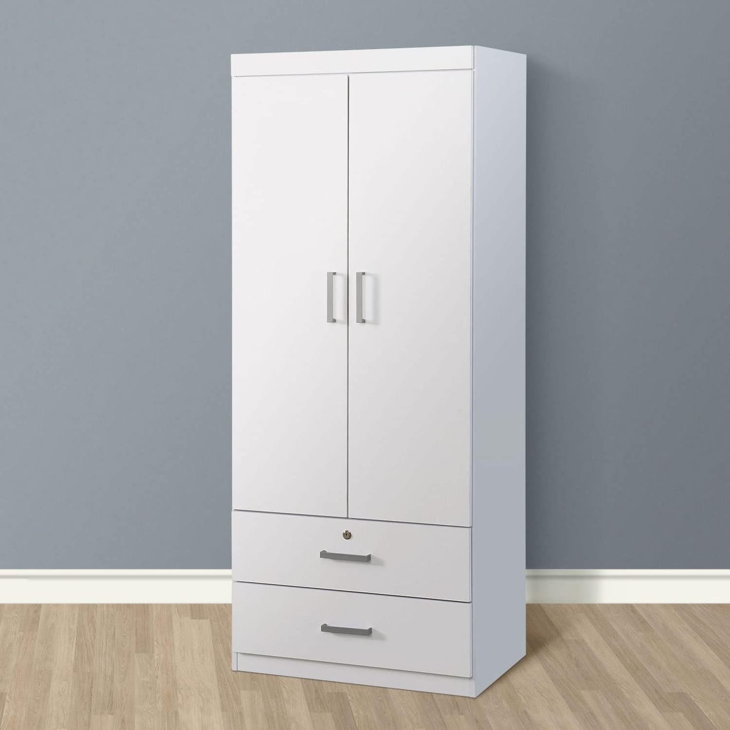 Furniture Closet 2 door lockers, adjustable shelves/hanging rods/drawers, modern minimalist wardrobe, bedroom, white