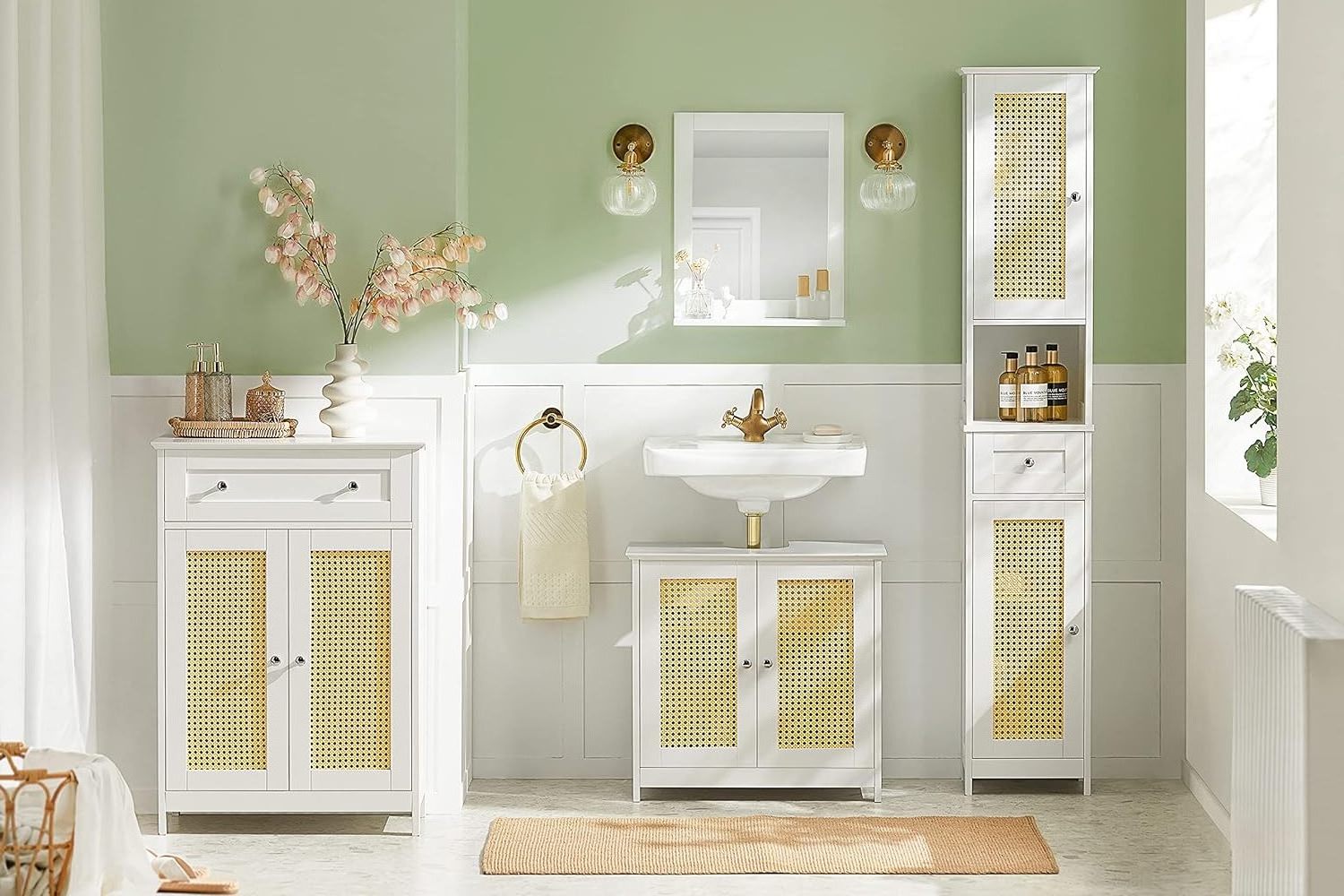 White tall bathroom cabinet with rattan door,drawers and storage compartments,linen tower bathroom cabinet,cabinets with shelves