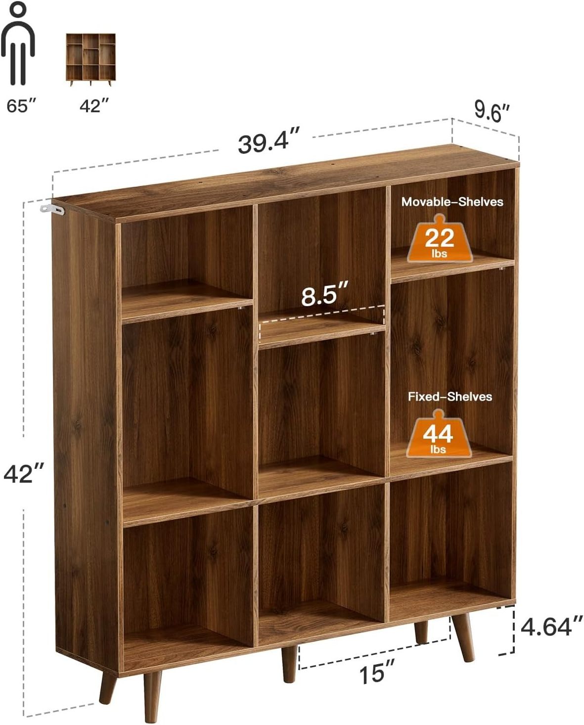 9 cube bookshelves with 3 height adjustable shelves and solid legs, modern open bookshelves for living room, bedroom (walnut)