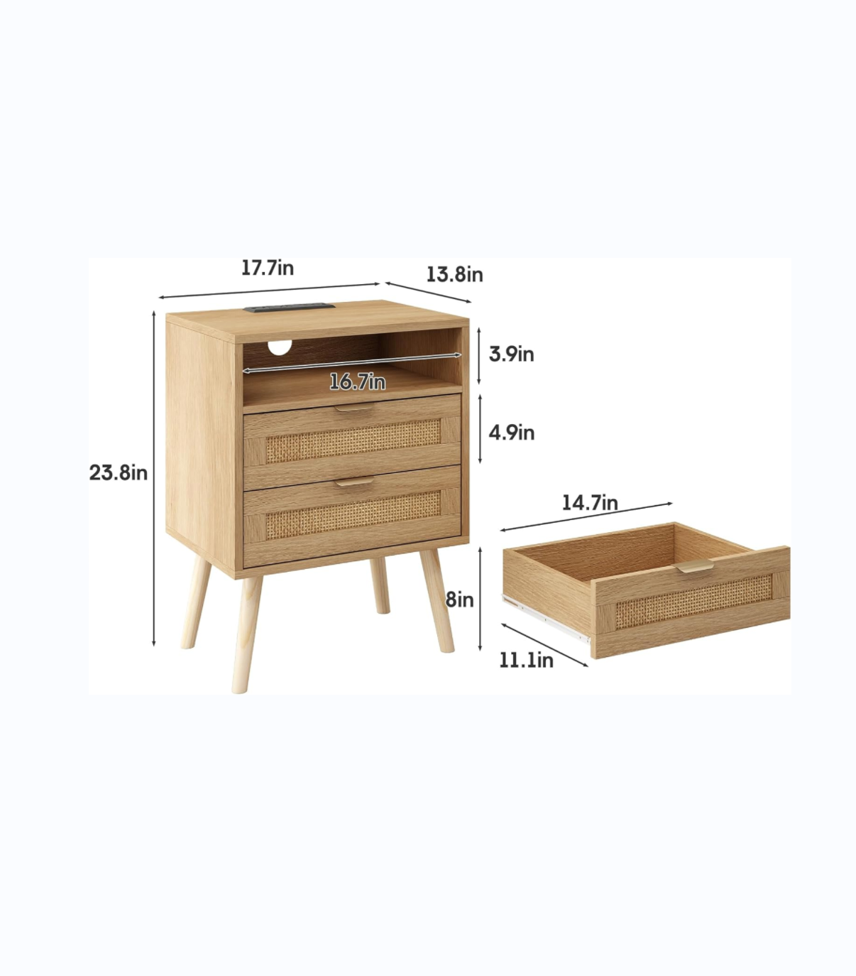 Rattan nightstand with USB port LED light and 2 storage drawers, bedroom furniture bedside table table sofa table