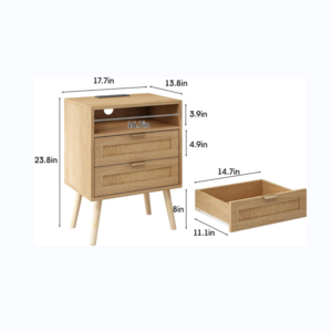 Rattan nightstand with USB port LED light and 2 storage drawers, bedroom furniture bedside table table sofa table