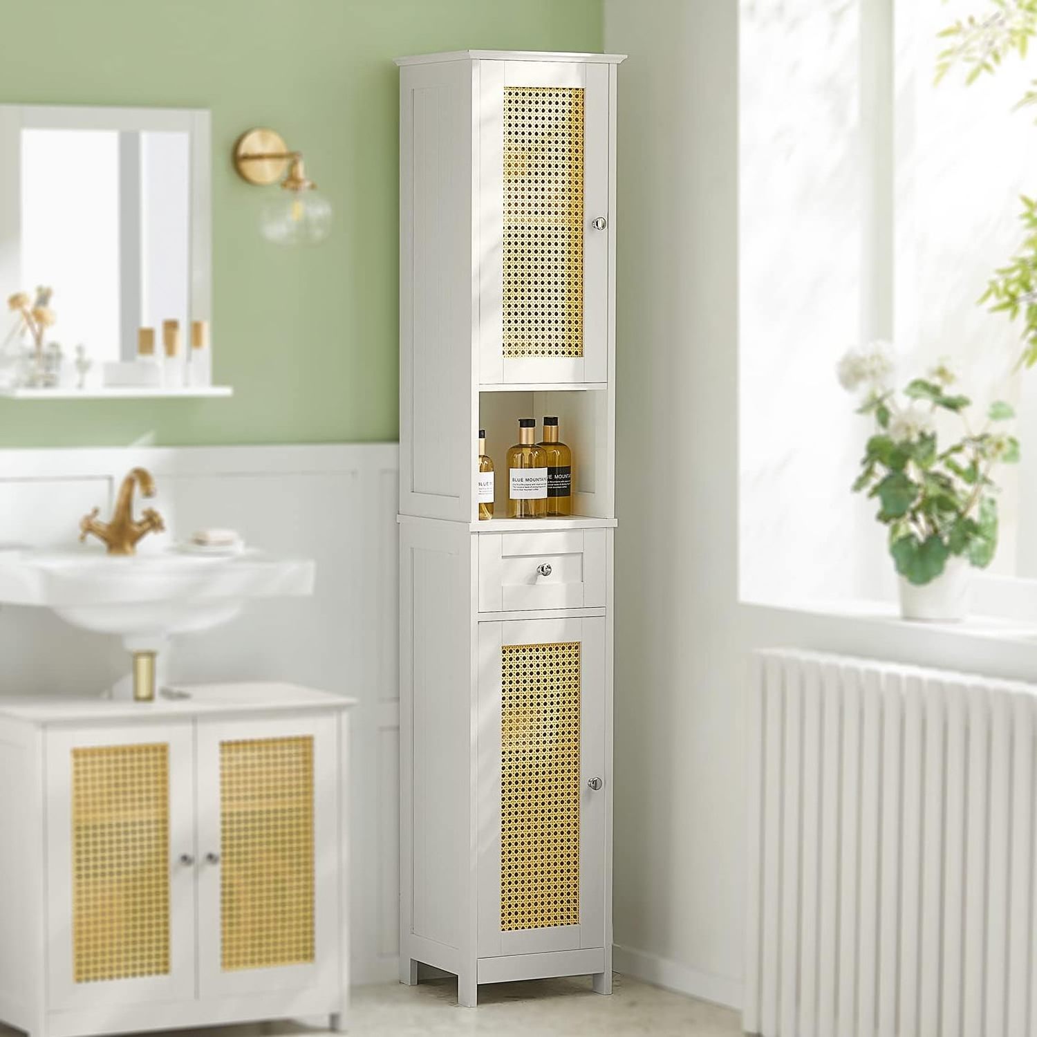 White tall bathroom cabinet with rattan door,drawers and storage compartments,linen tower bathroom cabinet,cabinets with shelves